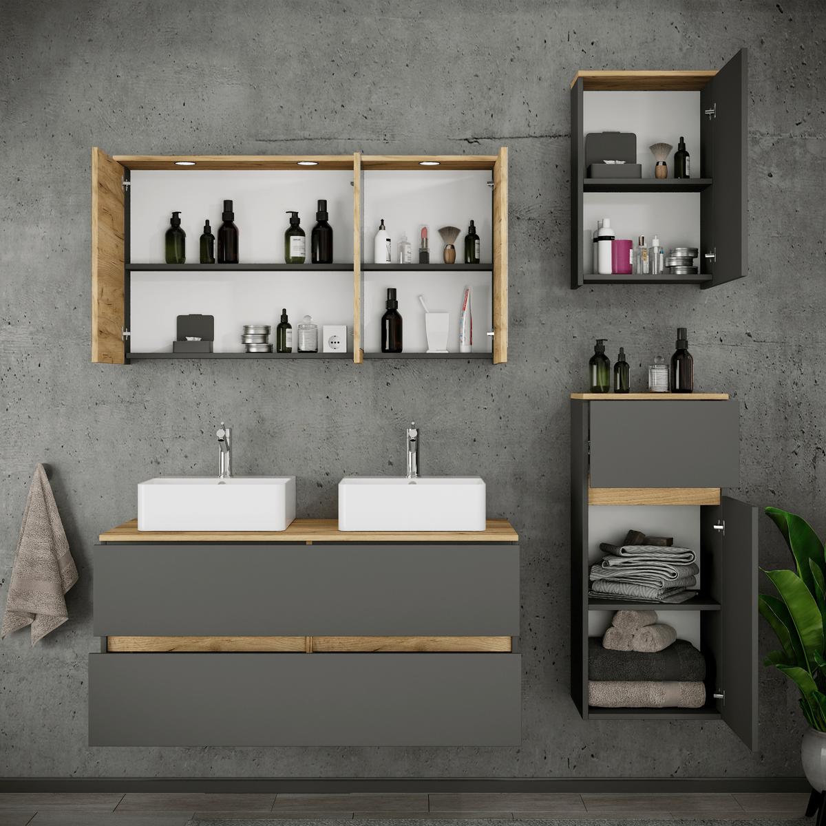Badezimmer Cosila - Honigeiche/Weiss, Trend, Keramik/Holzwerkstoff (151cm) - MID.YOU