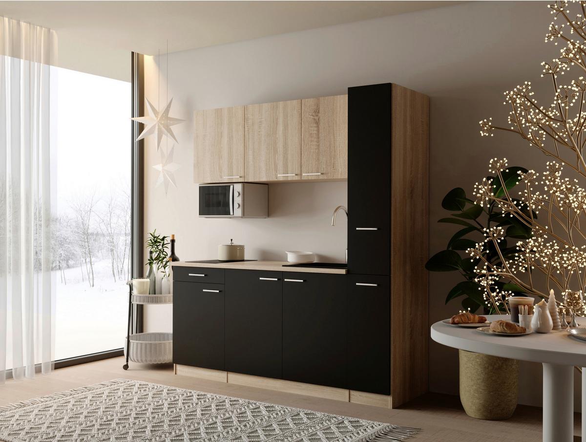 Küchenblock Ingrid m. Geräten Schwarz - Eichefarben/Schwarz, Design, Holzwerkstoff/Kunststoff (180cm) - Respekta