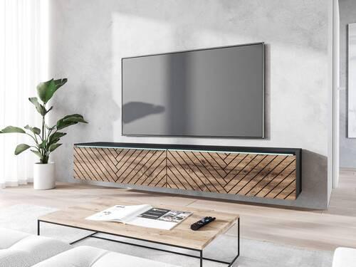 Lowboard ca. 180x30 cm mit LED Fischgräte Eiche Wotan/Schwarz - Eiche Wotan/Schwarz, Basics, Holzwerkstoff/Kunststoff (180/30/33cm) - P & B