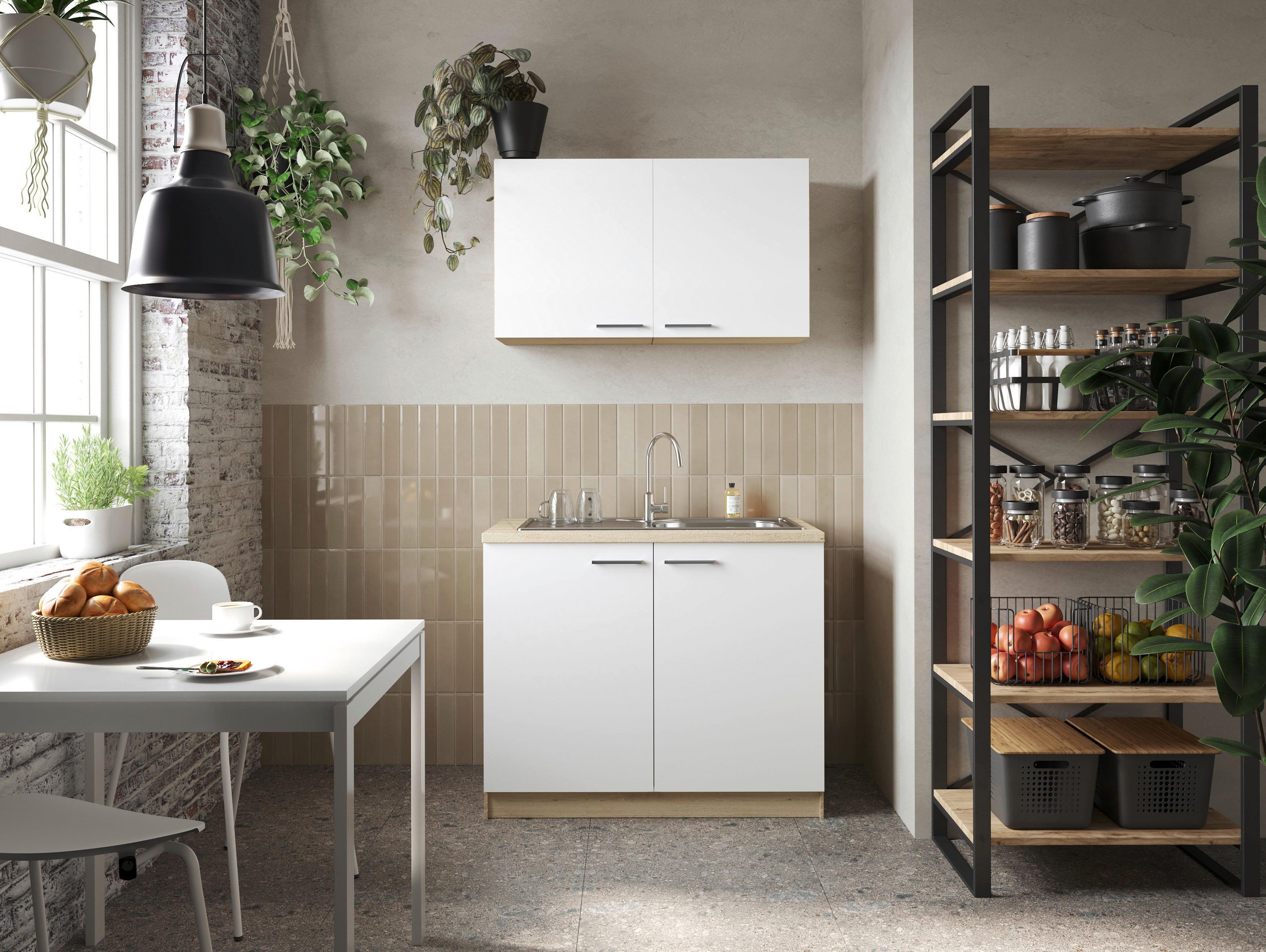 Majhna Kuhinja Merle, 100cm - srebrne barve/barve hrasta, Basics, kovina/leseni material (100cm) - Respekta