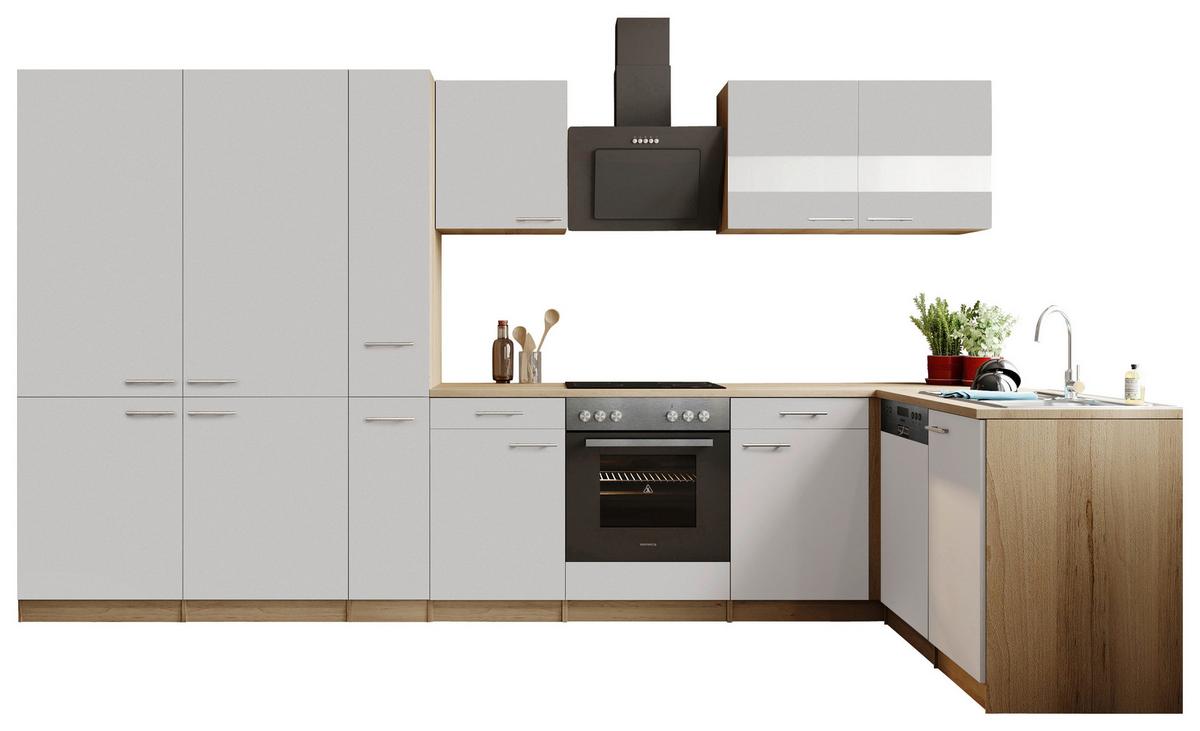 Eckküche Merle m. Geräten ca. 370x172cm Weiß - Edelstahlfarben/Eichefarben, Trend, Holzwerkstoff/Metall (370/172cm) - Respekta