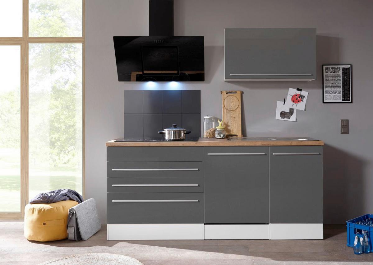 Küchenblock Premium m. Geräten Grau/Weiß/Eiche B: ca. 320 cm - Wildeiche/Edelstahlfarben, Basics, Holzwerkstoff/Kunststoff (320cm) - Respekta