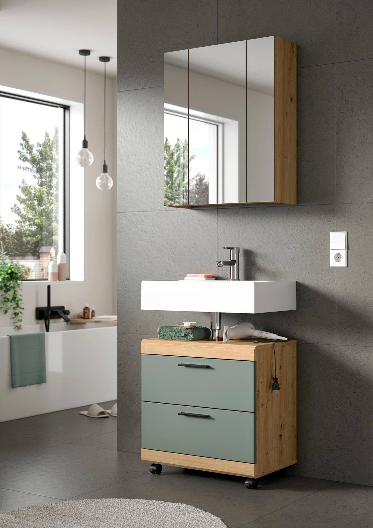 Waschbeckenunterschrank Scout Salbeigrün/Eiche Artisan - Salbeigrün/Schwarz, Trend, Holzwerkstoff/Kunststoff (60/60/34cm) - MID.YOU