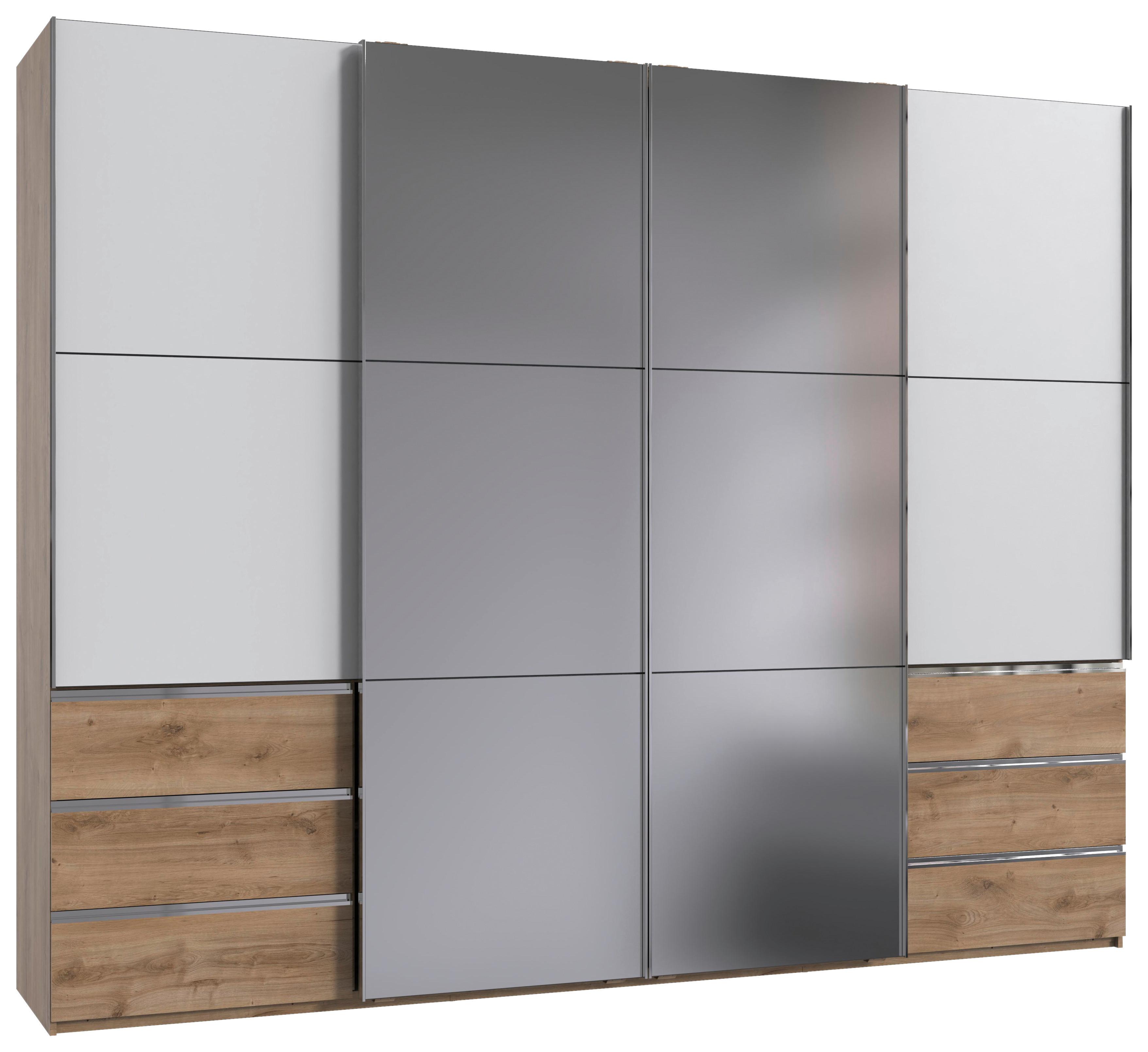 Schwebetürenschrank Level 36 Weiß/Plankeneiche - Chromfarben/Plankeneiche, MODERN, Glas/Holzwerkstoff (300/236/65cm) - MID.YOU