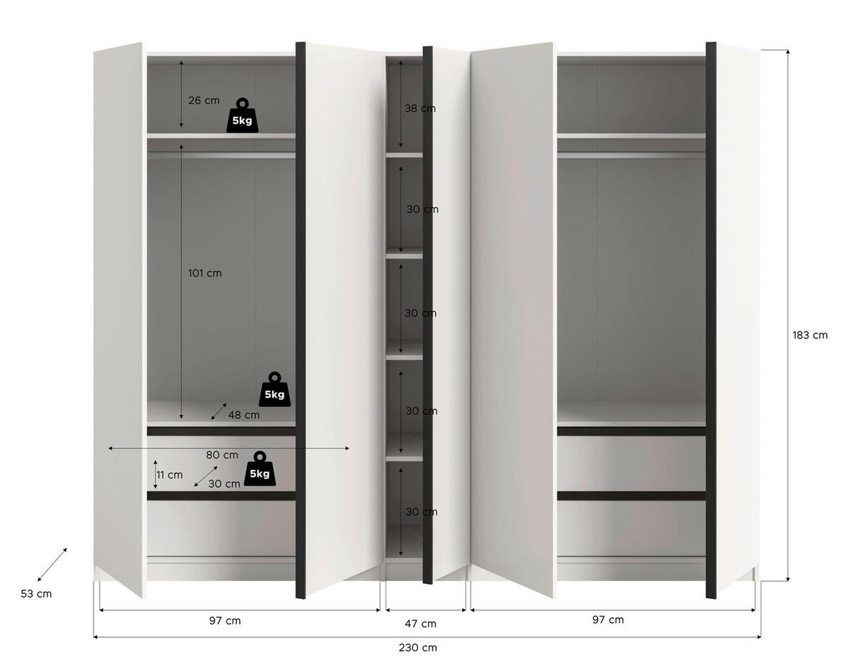 Drehtürenschrank Oakland Weiß - Schwarz/Weiß, MODERN, Holzwerkstoff (230/183/53cm) - MID.YOU