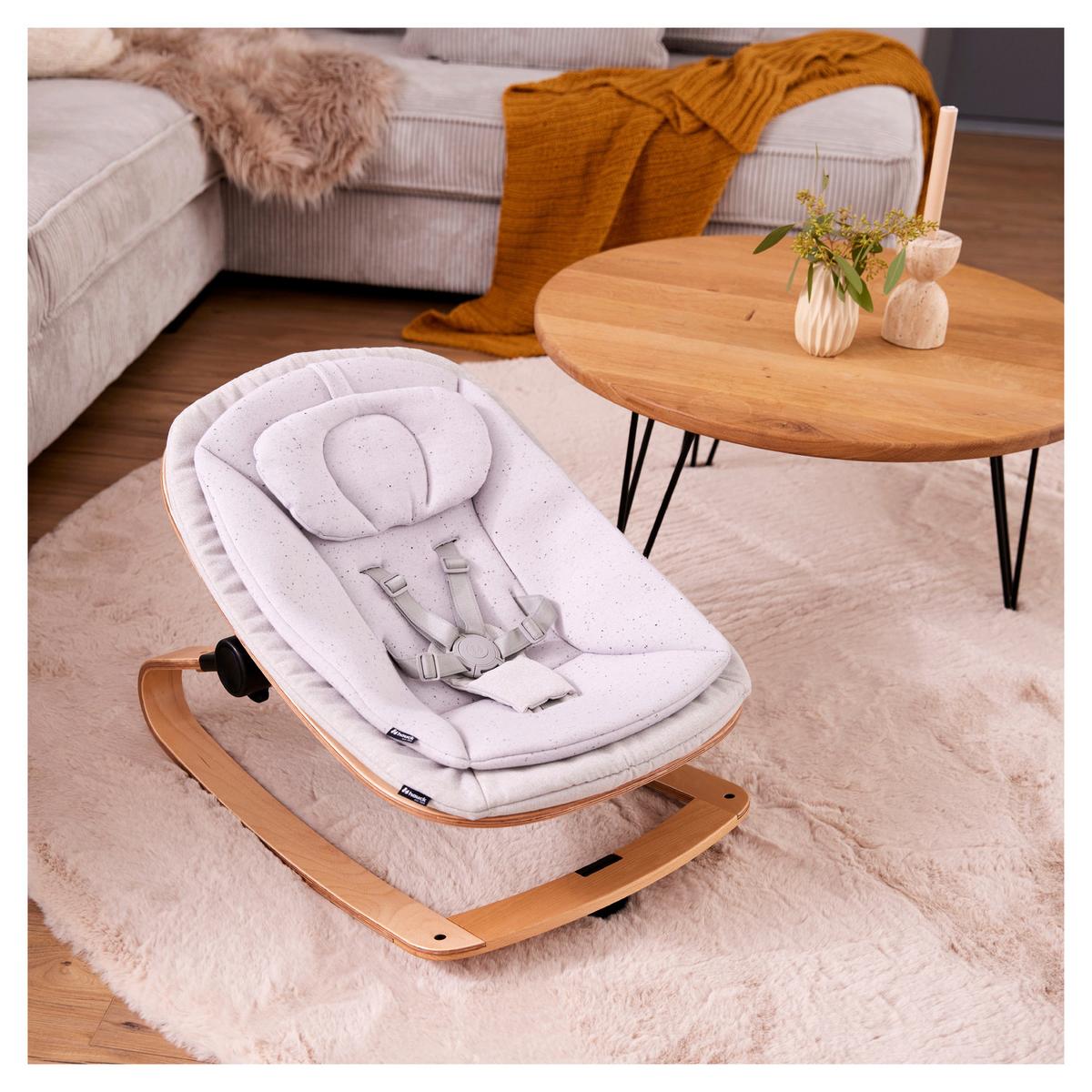 LEŻAK DO WYSOKIEGO KRZESŁA HIGHCHAIR BOUNCER ECO - kolor bukowy/jasnoszary, Basics, drewno/tkanina (50/40/66cm) - Hauck