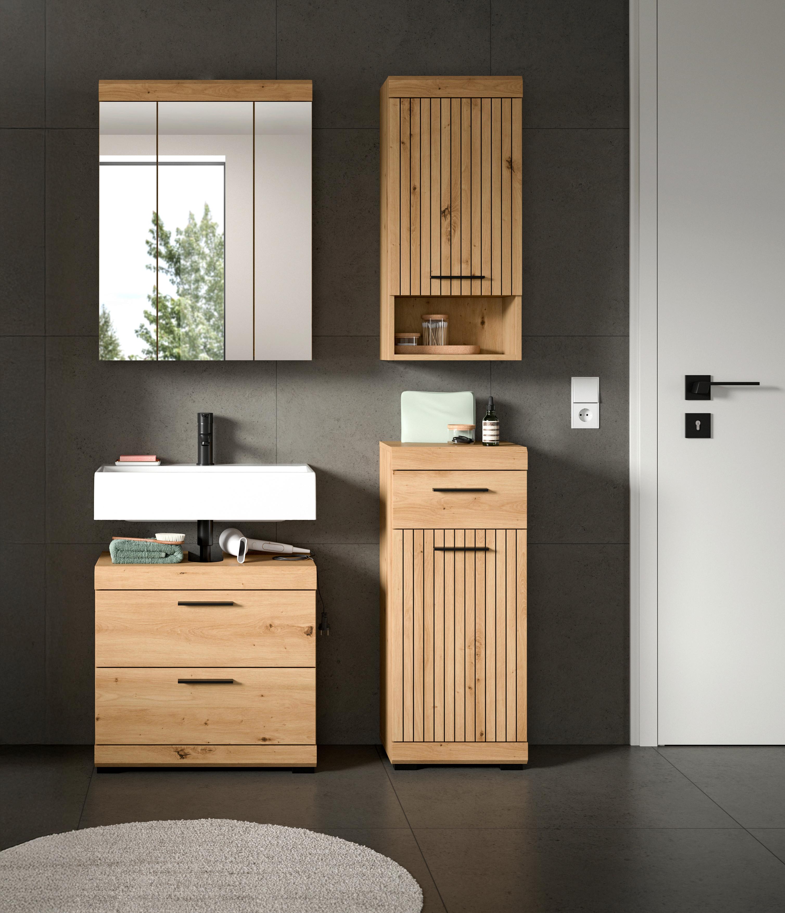 Badezimmer Scout Eiche Artisan 4-teilig - Schwarz/Eiche Artisan, Trend, Glas/Holzwerkstoff (97cm) - MID.YOU