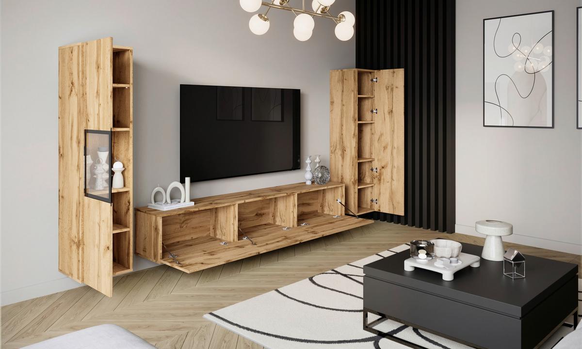 Wohnwand mit LED Berlin III Wotan Eiche Dekor - Eiche Wotan/Grau, Design, Glas/Holzwerkstoff (240/130/31cm) - P & B