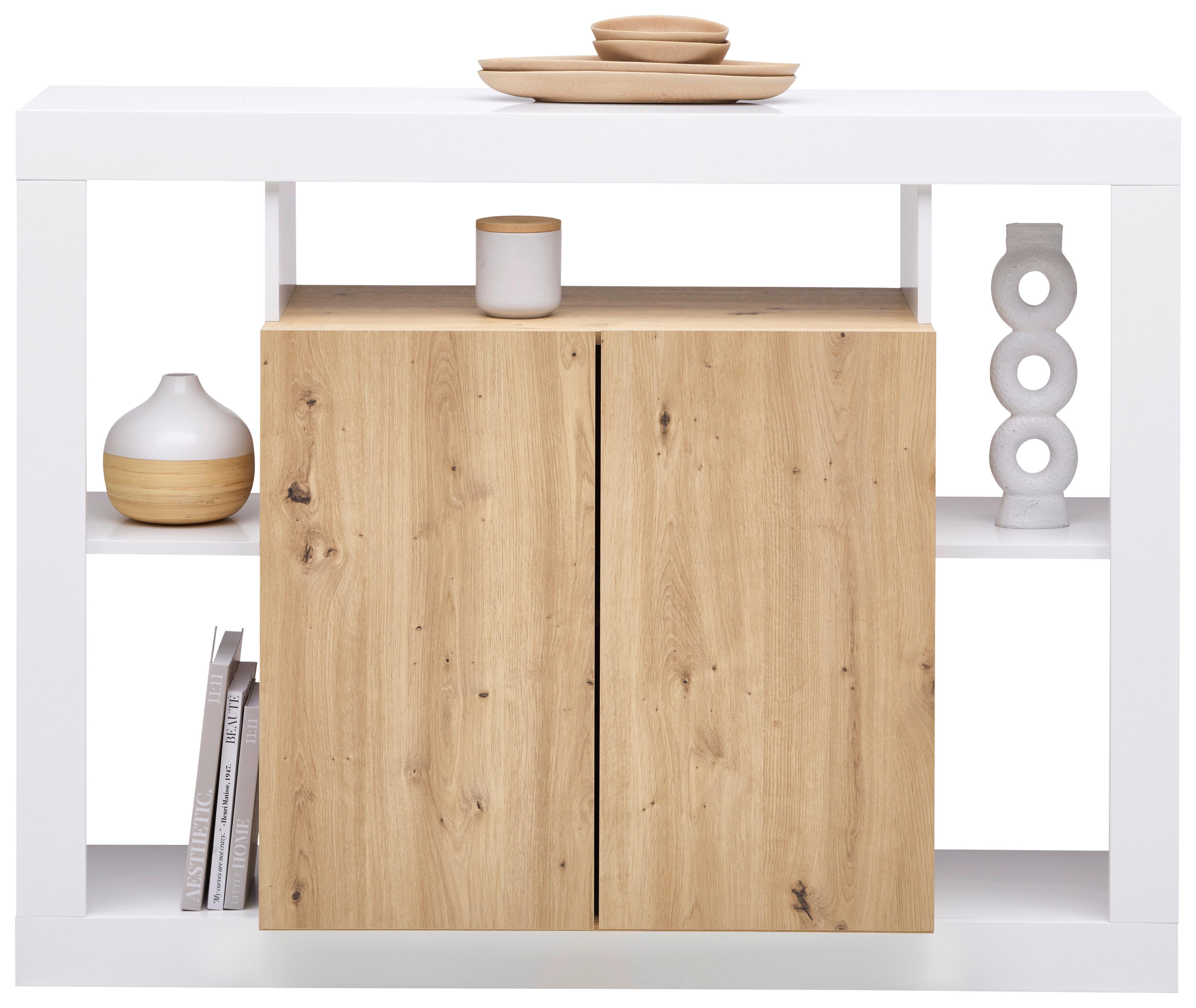 commode in Weiss HG/Eiche Artisan - Weiss Hochglanz/Eiche Artisan, Konventionell, Holzwerkstoff (134/101/42cm) - Mömax