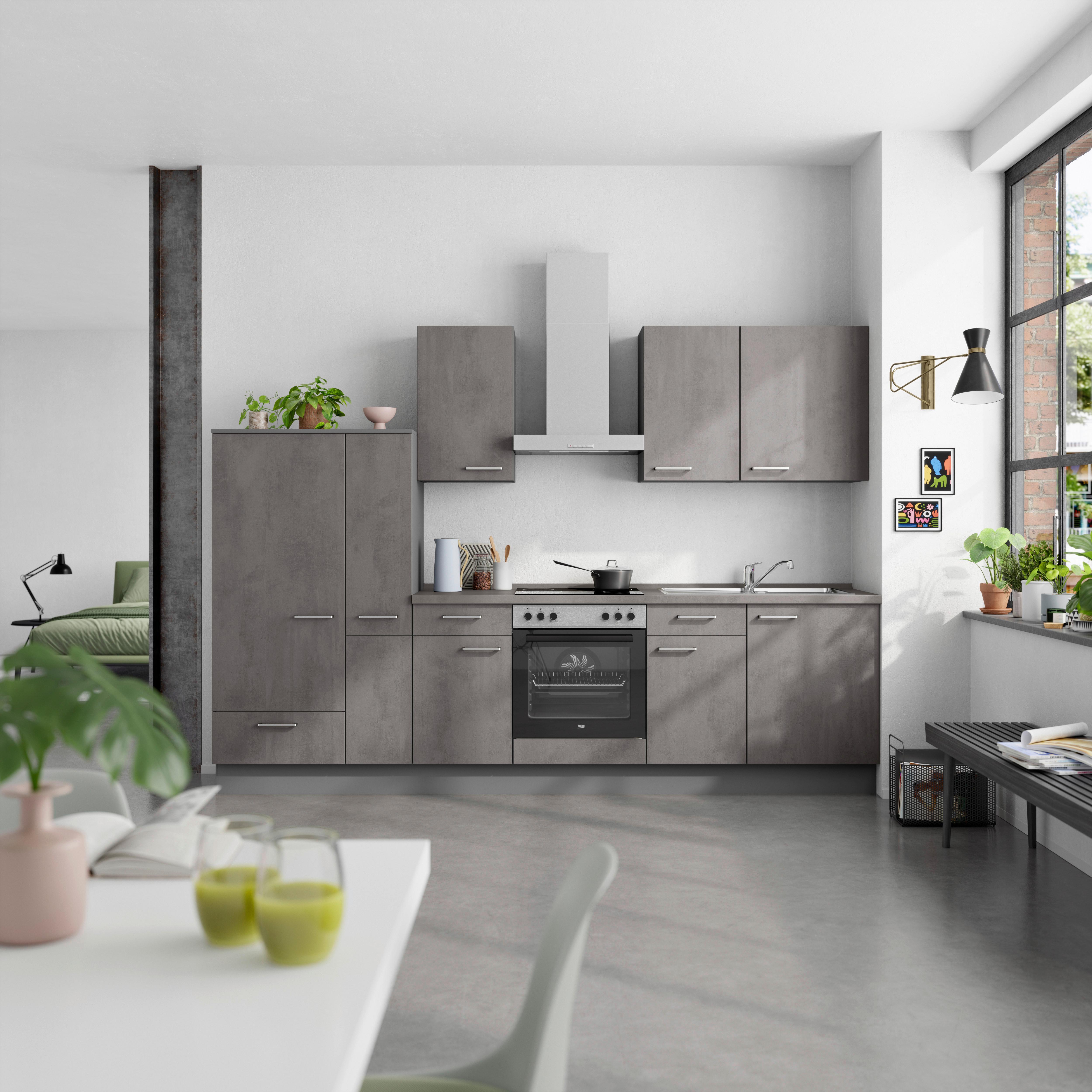 Küchenblock Riva Low m. Geräten Schieferfarben - Schieferfarben/Edelstahlfarben, MODERN, Holzwerkstoff/Metall (300cm) - Nobilia