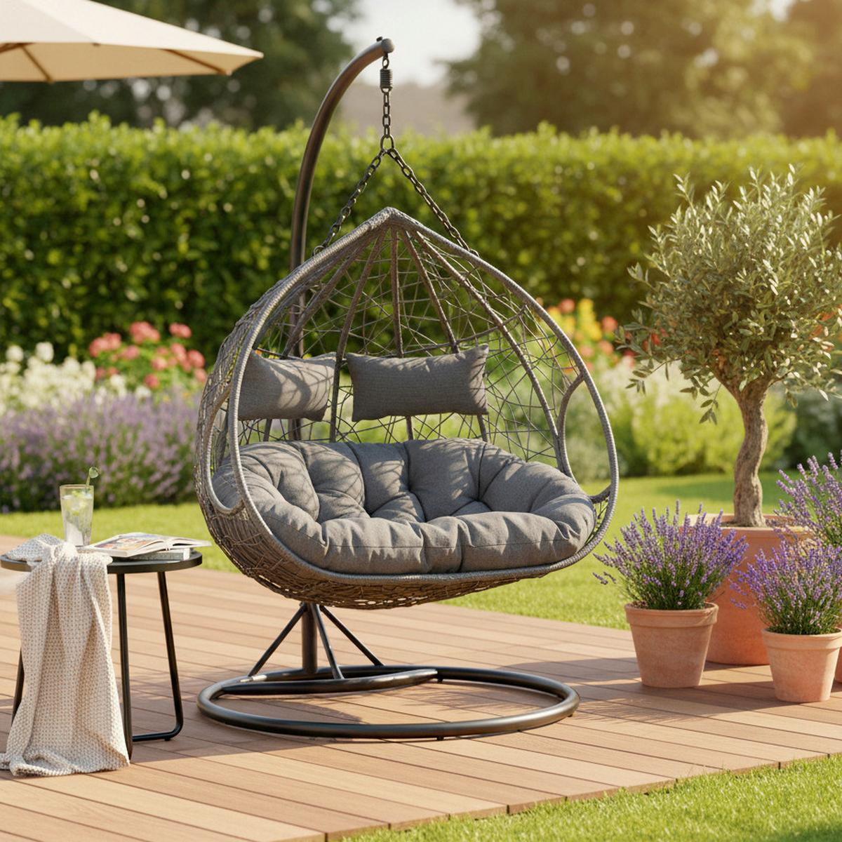 Hängesessel "enea", Inkl. Kissen, Outdoorstoff - Dunkelgrau/Schwarz, Modern, Textil/Metall (133/205/120cm) - Bessagi Garden