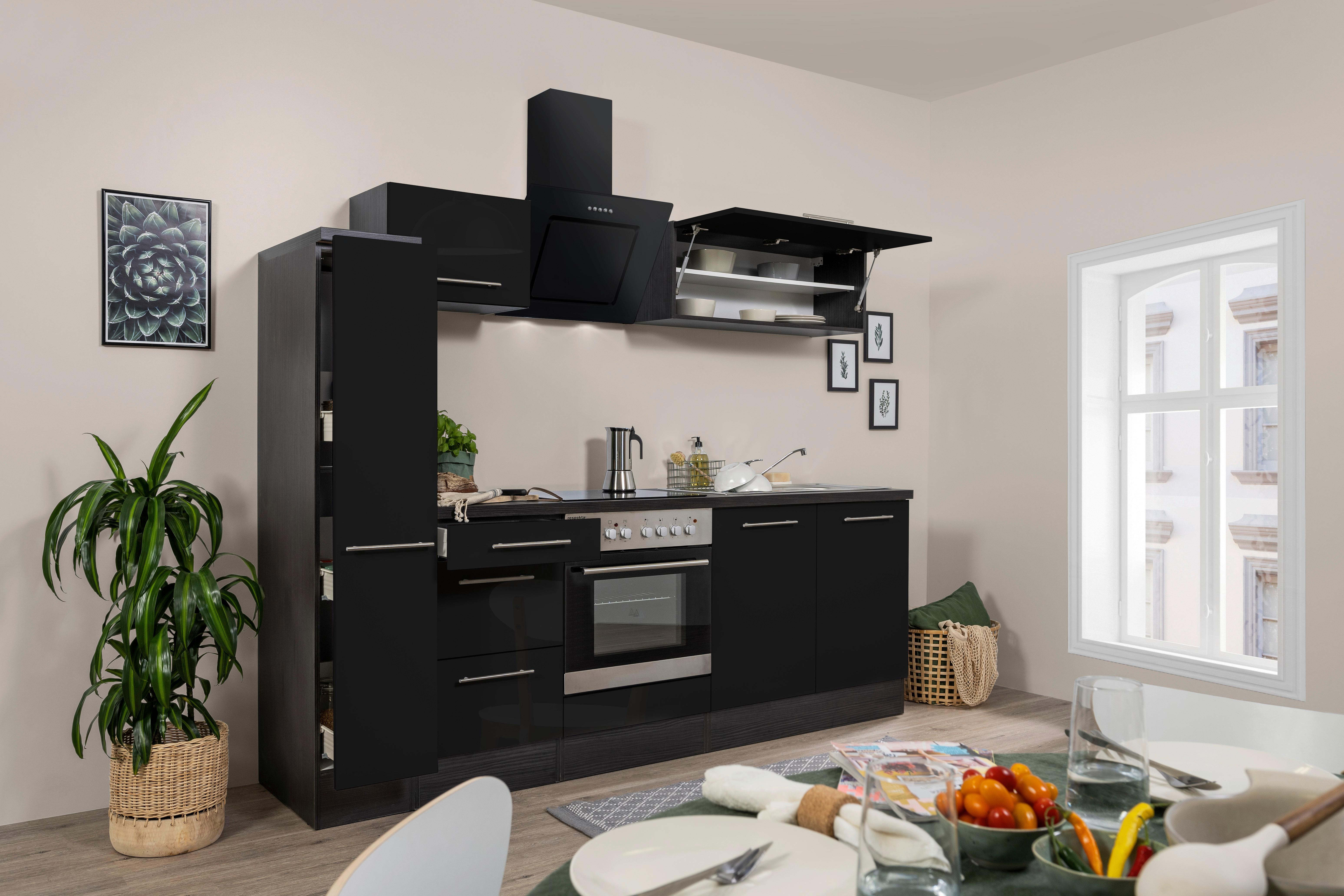 Küchenzeile Schwarz Hochglanz Grau mit Geräte B: ca. 240 cm - Schwarz/Alufarben, Basics, Holzwerkstoff (240cm) - Respekta