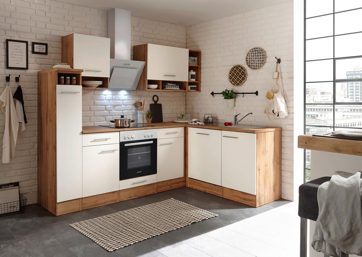 Eckküche Hilde ohne Geräte ca. 250x172 cm Weiß, Wildeiche - Wildeiche/Weiß Hochglanz, Basics, Holzwerkstoff/Metall - Respekta