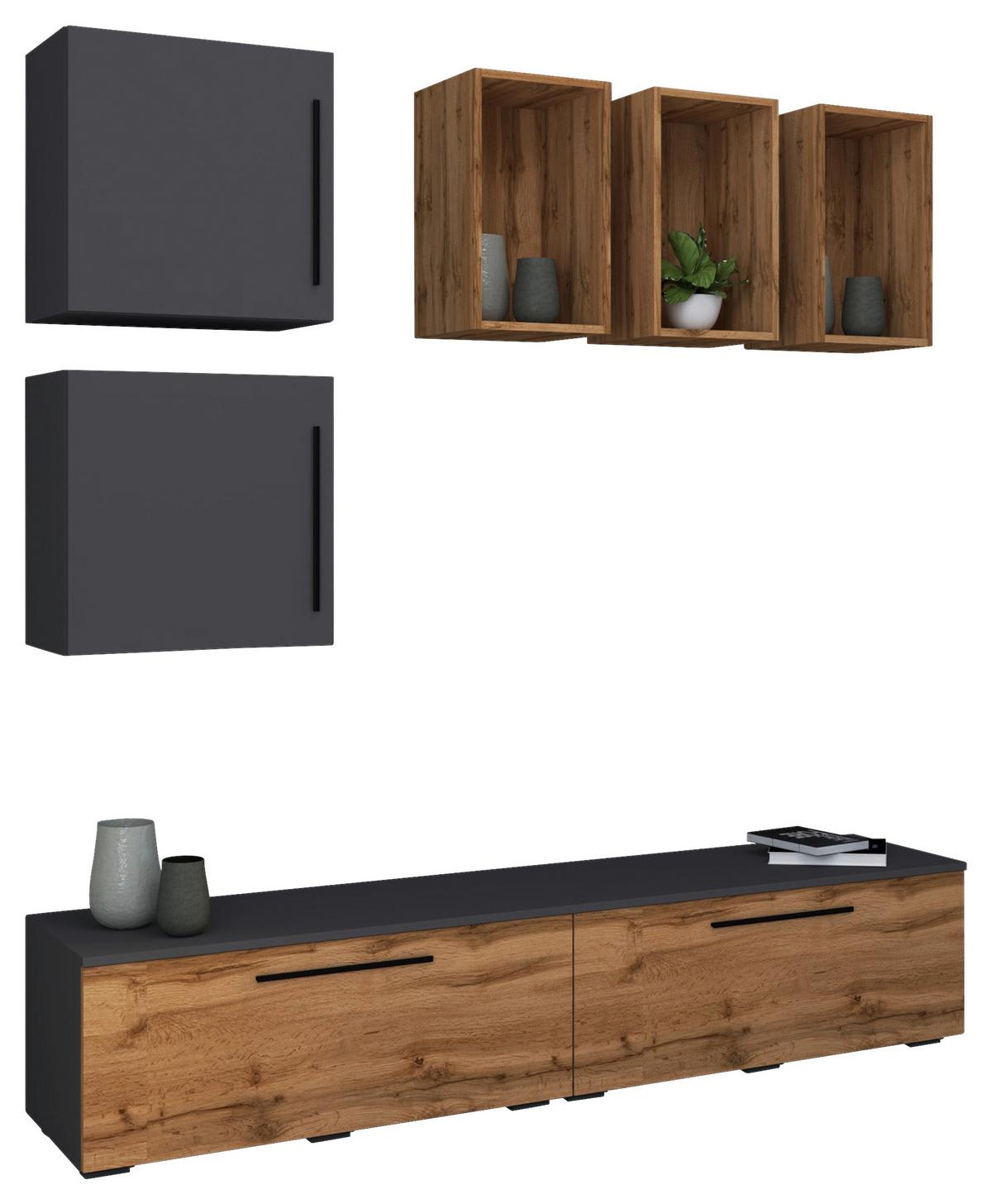 Dnevni Regal Arila, Antracit, Barva Hrasta, 6-Delno - črna/barve hrasta, Moderno, umetna masa/leseni material (190/200/40cm) - MID.YOU