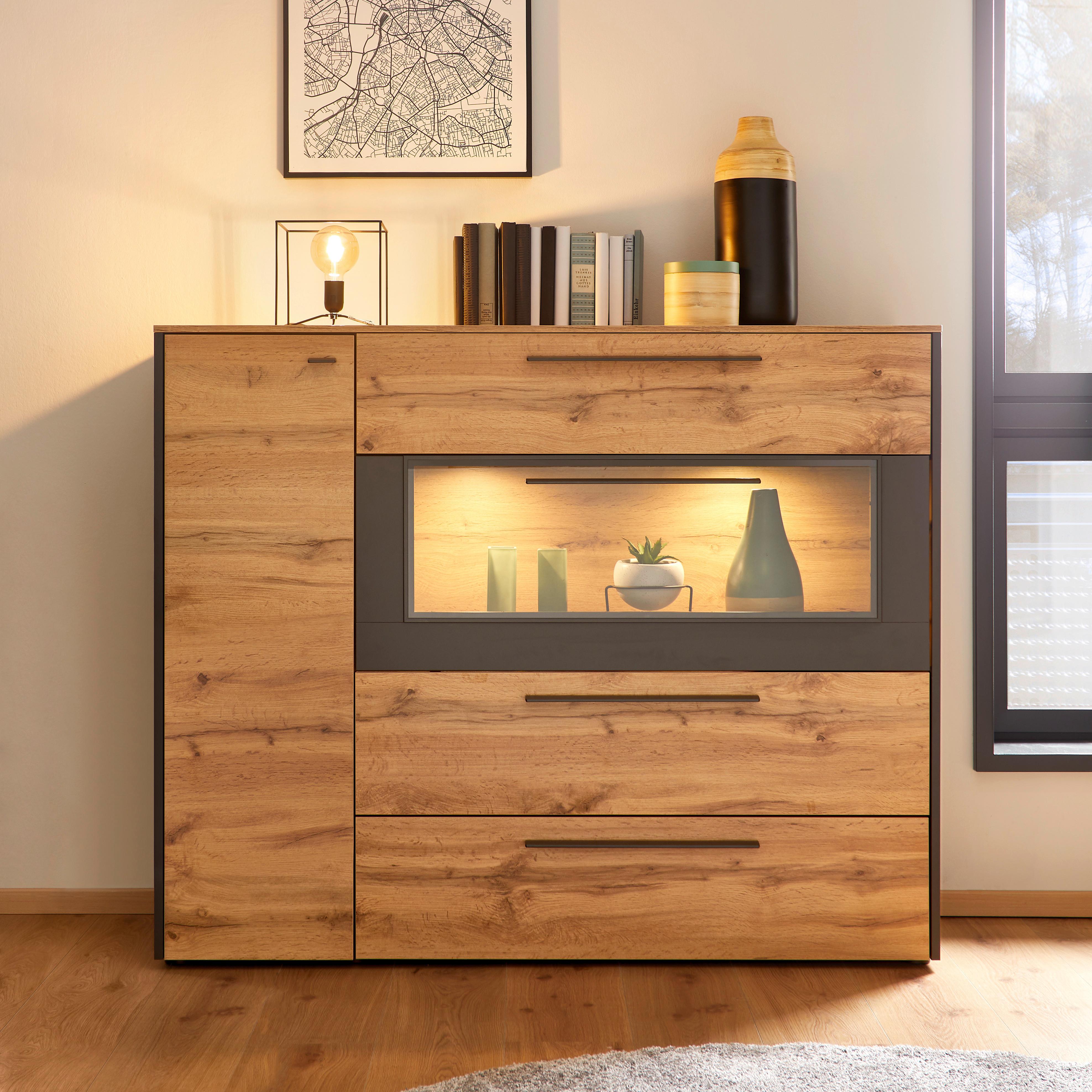 Highboard in Eiche-/Schieferfarben - Schieferfarben/Eichefarben, MODERN, Holzwerkstoff/Kunststoff (144/118/40cm) - Premium Living