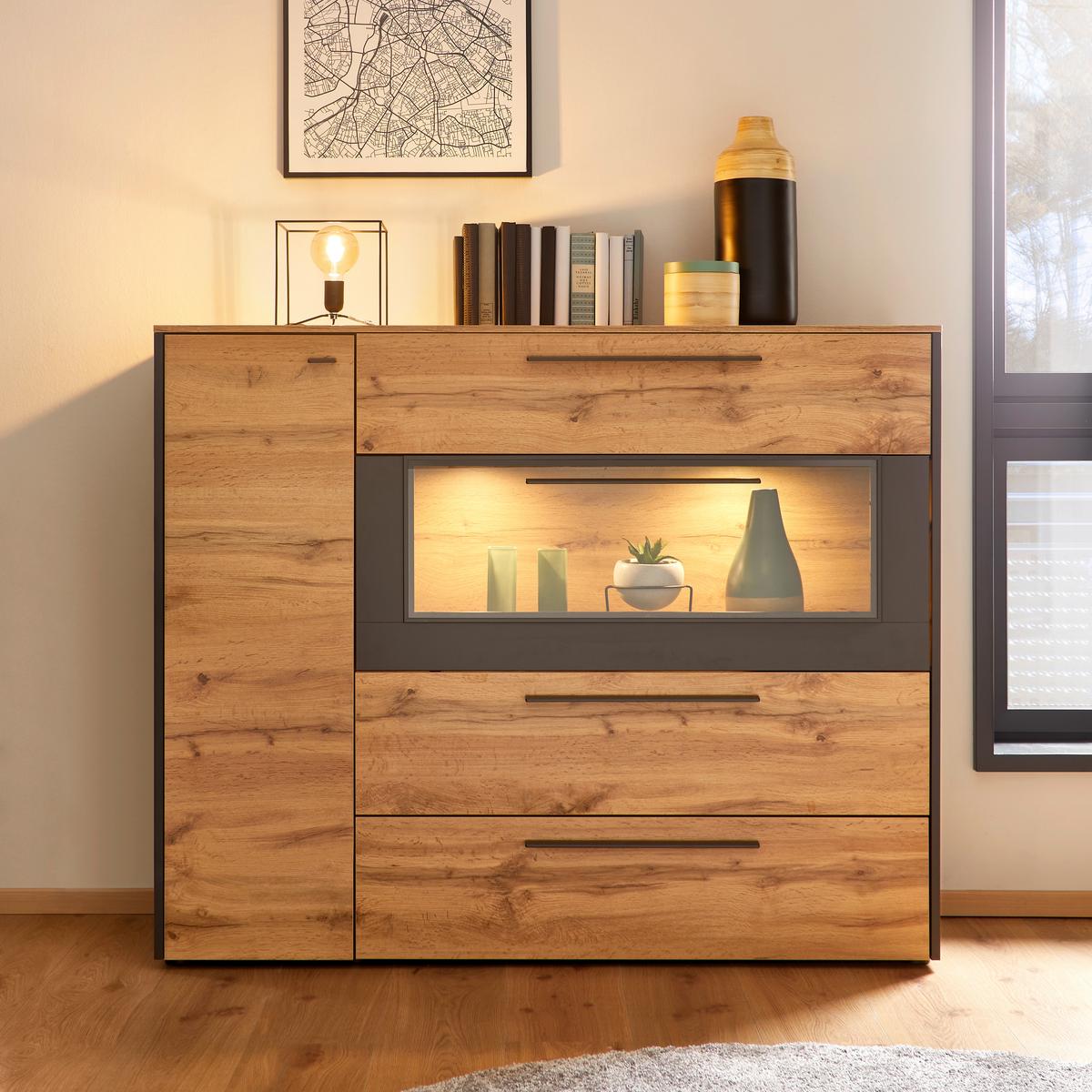 Highboard in Eiche-/Schieferfarben - Schieferfarben/Eichefarben, Modern, Holzwerkstoff/Kunststoff (144/118/40cm) - Premium Living