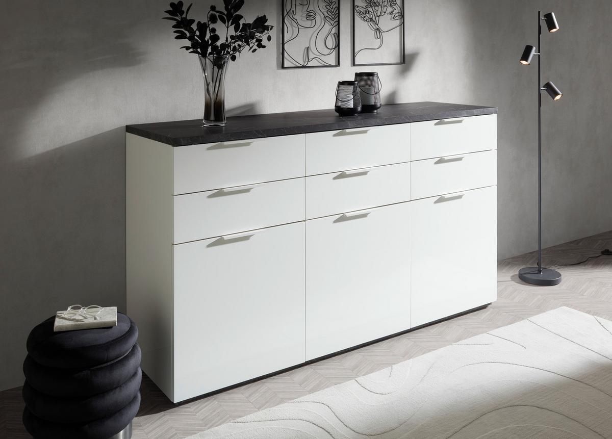 Sideboard Mundi Weiß HG/Anthrazit - Weiß Hochglanz/Anthrazit, MODERN, Holzwerkstoff (180/102/50cm) - Premium Living