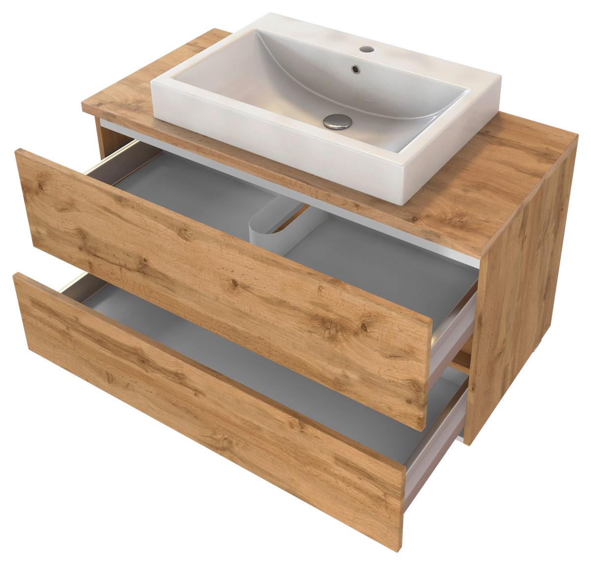 Waschtischkombi ''Pienza'', Eiche Wotan - Eiche Wotan/Weiß, MODERN, Keramik/Holzwerkstoff (100cm) - Held