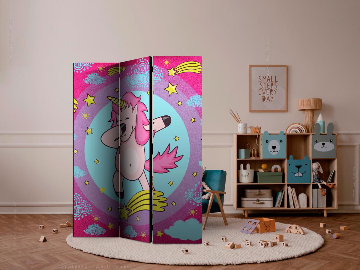 Paravan Dancing Unicorn, 3-Delni, Dvostranski - pink/svetlo modra, Basics, tekstil/les (135/172/3cm) - artgeist