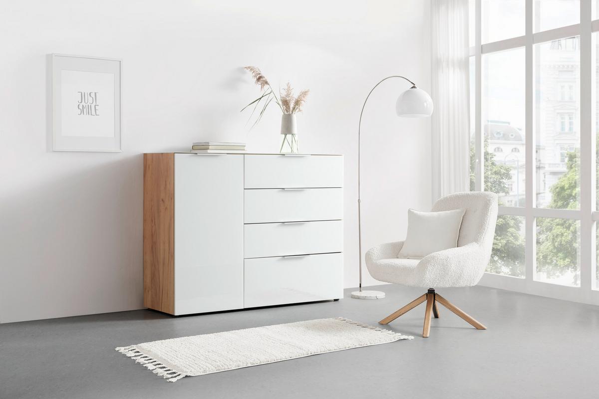 Sideboard Oakland in Weiß/Eichefarben - Chromfarben/Eichefarben, MODERN, Glas/Holzwerkstoff (134/102/42cm) - Premium Living