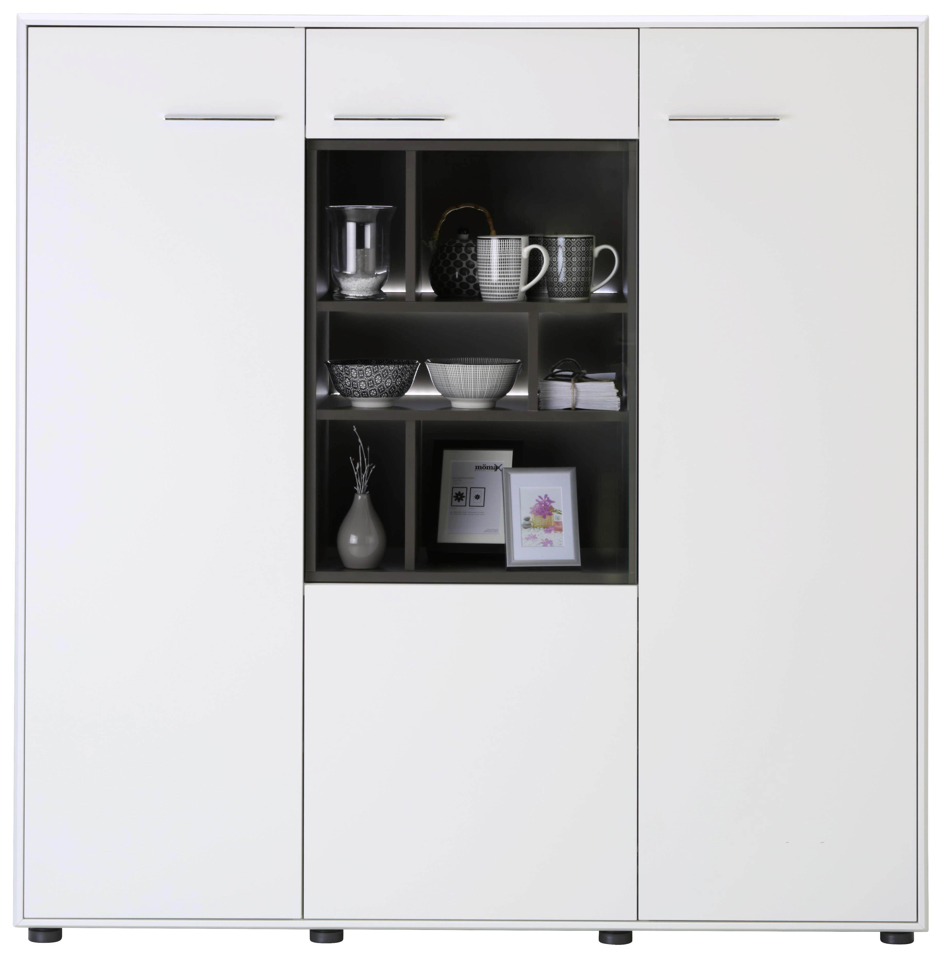 Highboard in Weiß/Dunkelgrau - Edelstahlfarben/Dunkelgrau, MODERN, Holzwerkstoff/Kunststoff (144/147/42cm) - Premium Living