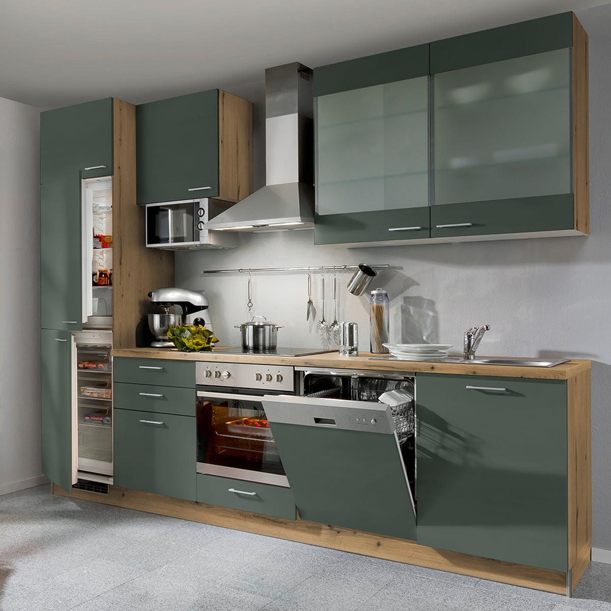 Küchenblock Clean o. Geräte Dunkelgrün matt - Dunkelgrün/Edelstahlfarben, MODERN, Holzwerkstoff/Metall (300cm) - Express-Kuechen