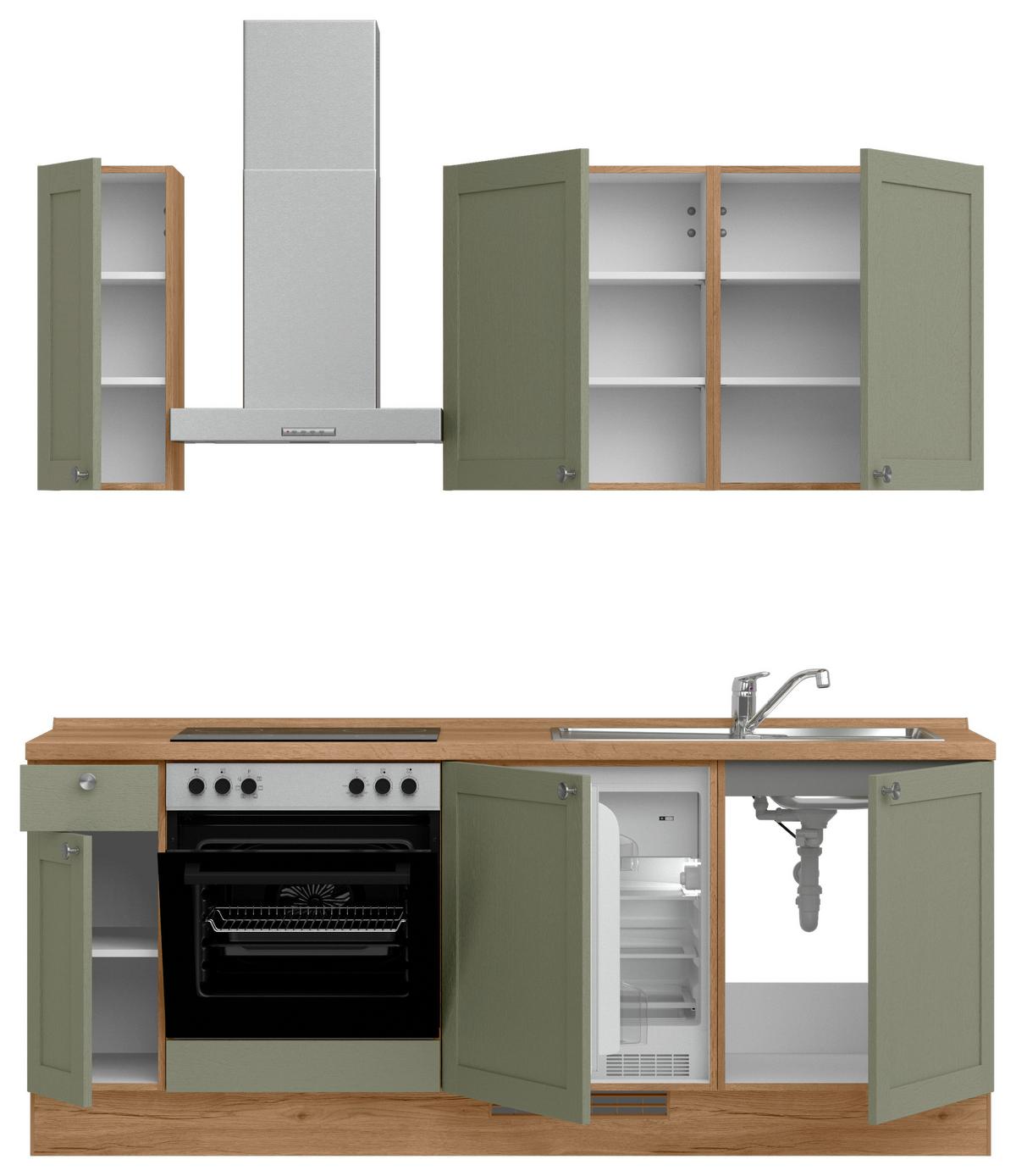 Küchenleerblock Frame Low o. Geräte Olivgrün - Edelstahlfarben/Eichefarben, MODERN, Holzwerkstoff/Metall (210cm) - Nobilia