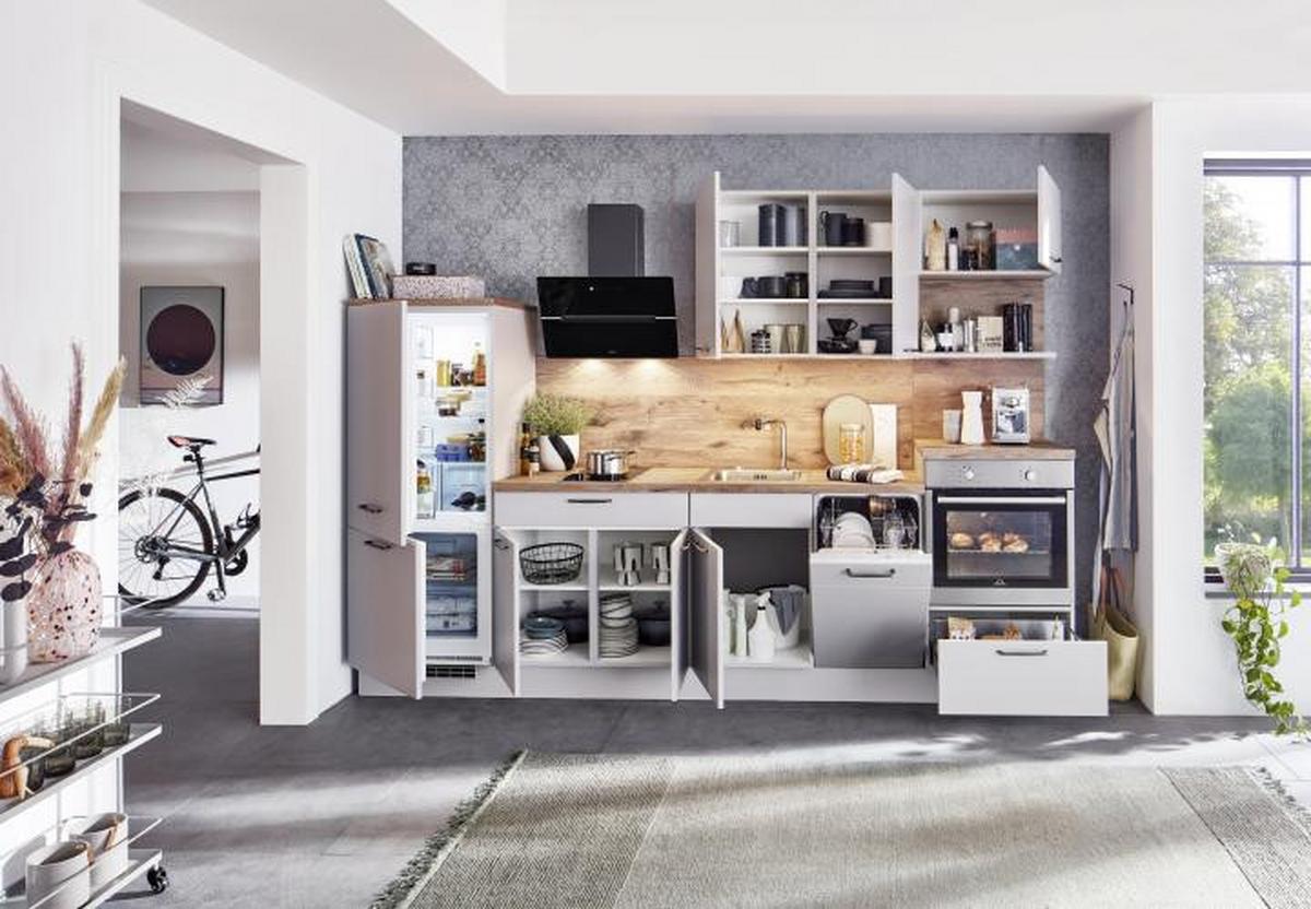 Bucătărie la comandă Fashion - culoare lemn stejar/gri, Modern, material pe bază de lemn (295cm)