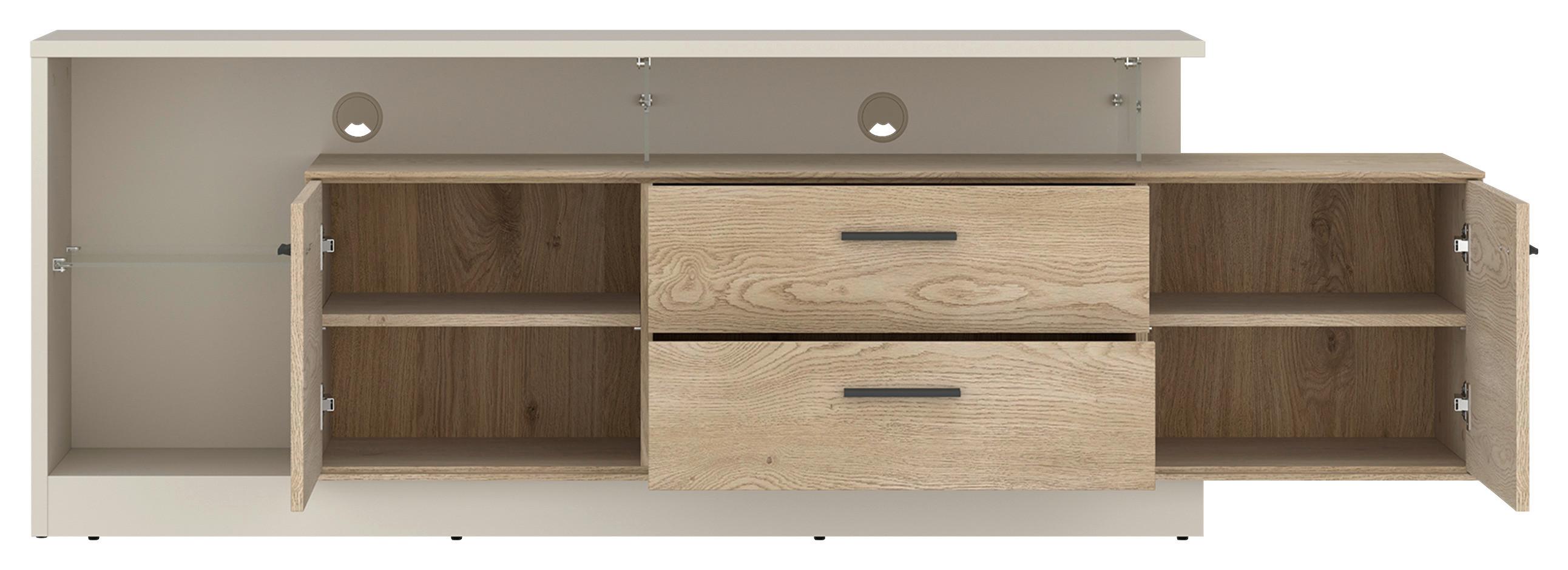 Comodă TV LAGOON - cașmir/culoare lemn stejar, Modern, sticlă/material pe bază de lemn (191,5/65,5/39,9cm) - Modern Living