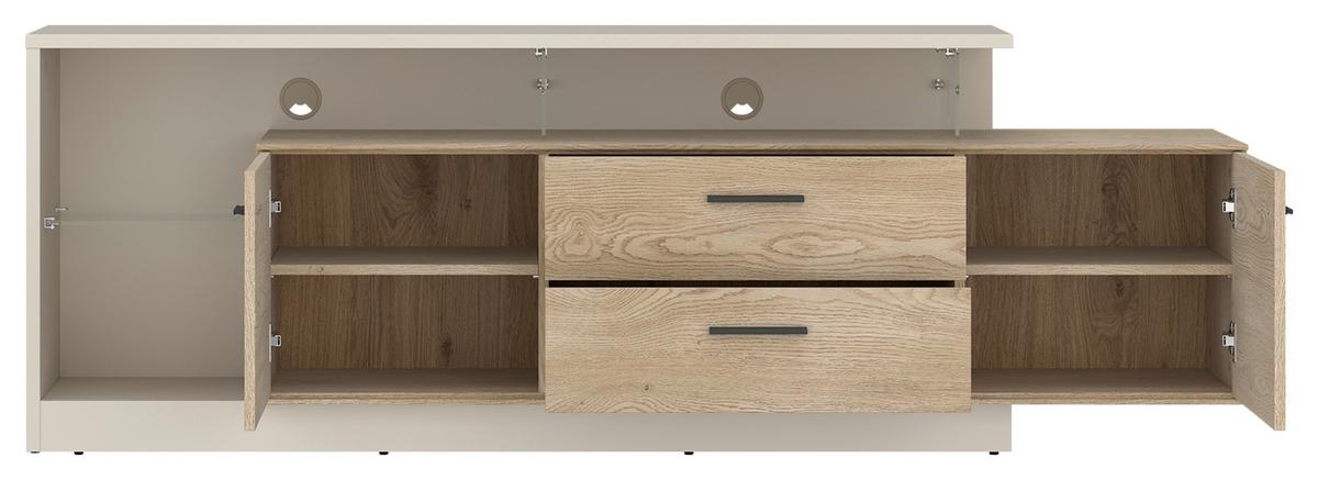 Comodă TV LAGOON - cașmir/culoare lemn stejar, Modern, sticlă/material pe bază de lemn (191,5/65,5/39,9cm) - Modern Living
