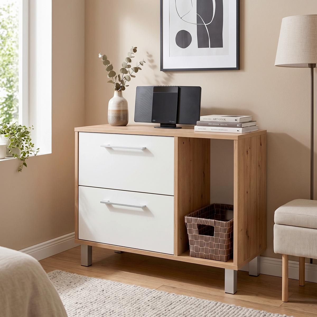 Comodă Box - alb/culoare lemn stejar, Modern, material pe bază de lemn (75/60/40cm) - Modern Living