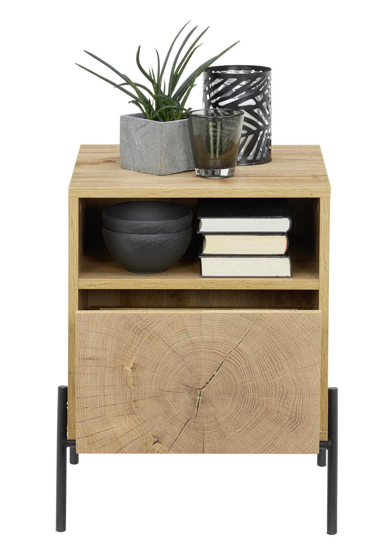 SZAFKA NOCNA LIVI - kolor dębowy/czarny, Design, materiał drewnopochodny/metal (44/55/40cm) - Carryhome