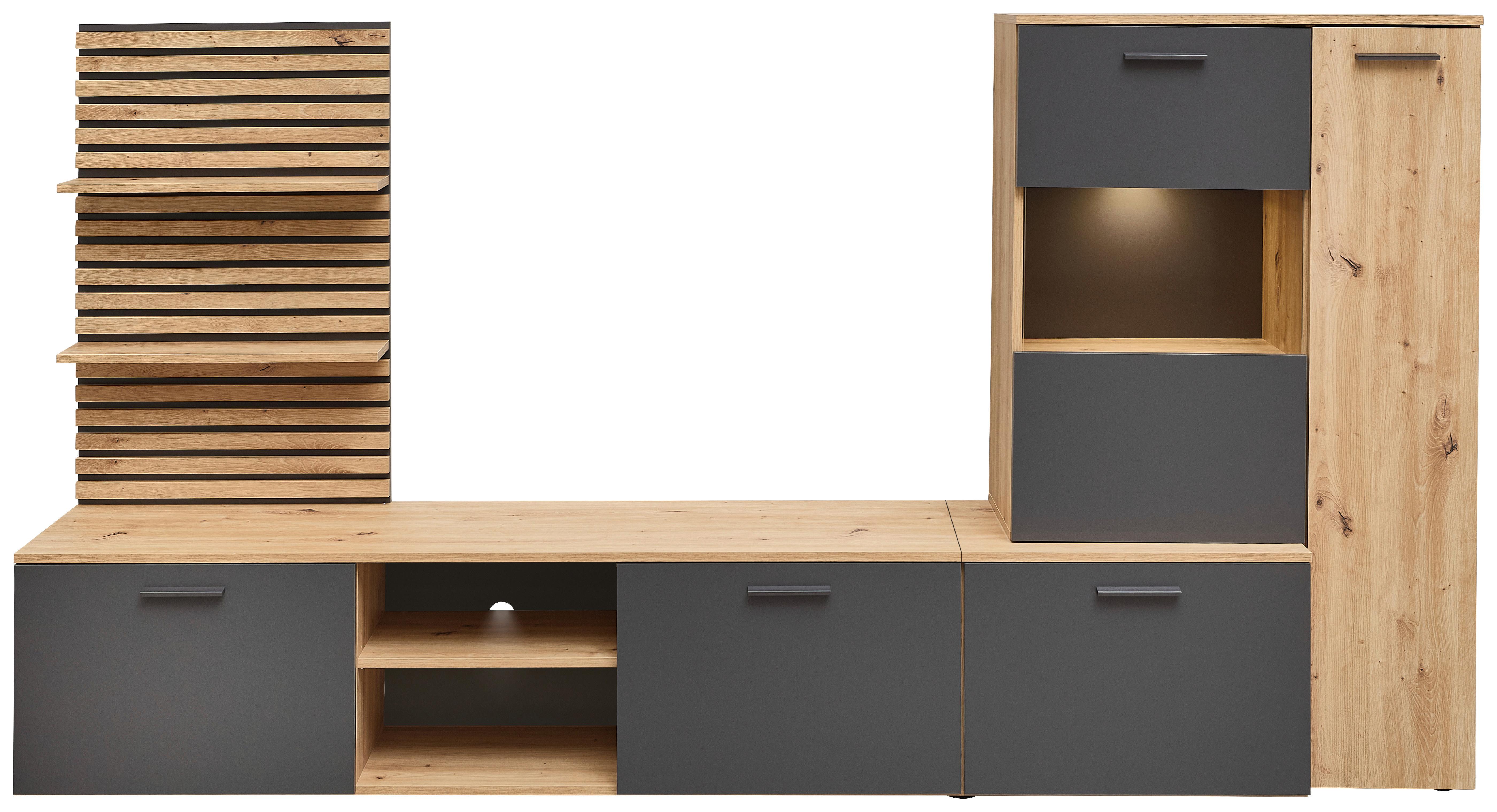 Dnevni Regal Heathrow, Barva Hrasta, Antracit - črna/antracit, Design, umetna masa/steklo (250/135/38cm) - MID.YOU