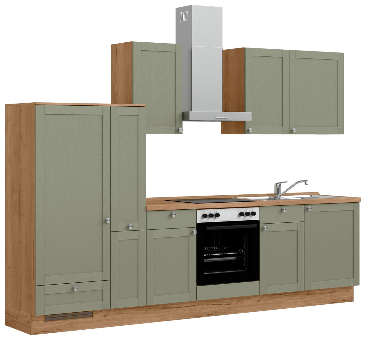 Küchenleerblock Frame Low o. Geräte Olivgrün - Edelstahlfarben/Eichefarben, MODERN, Holzwerkstoff/Metall (300cm) - Nobilia