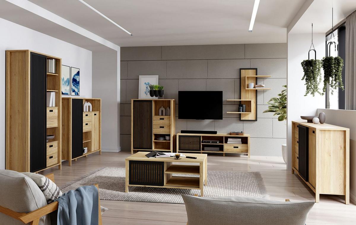 Dulap pentru hol JYTANA - culoare lemn stejar/negru, Modern, material pe bază de lemn (97/200,3/52,7cm) - Premium Living