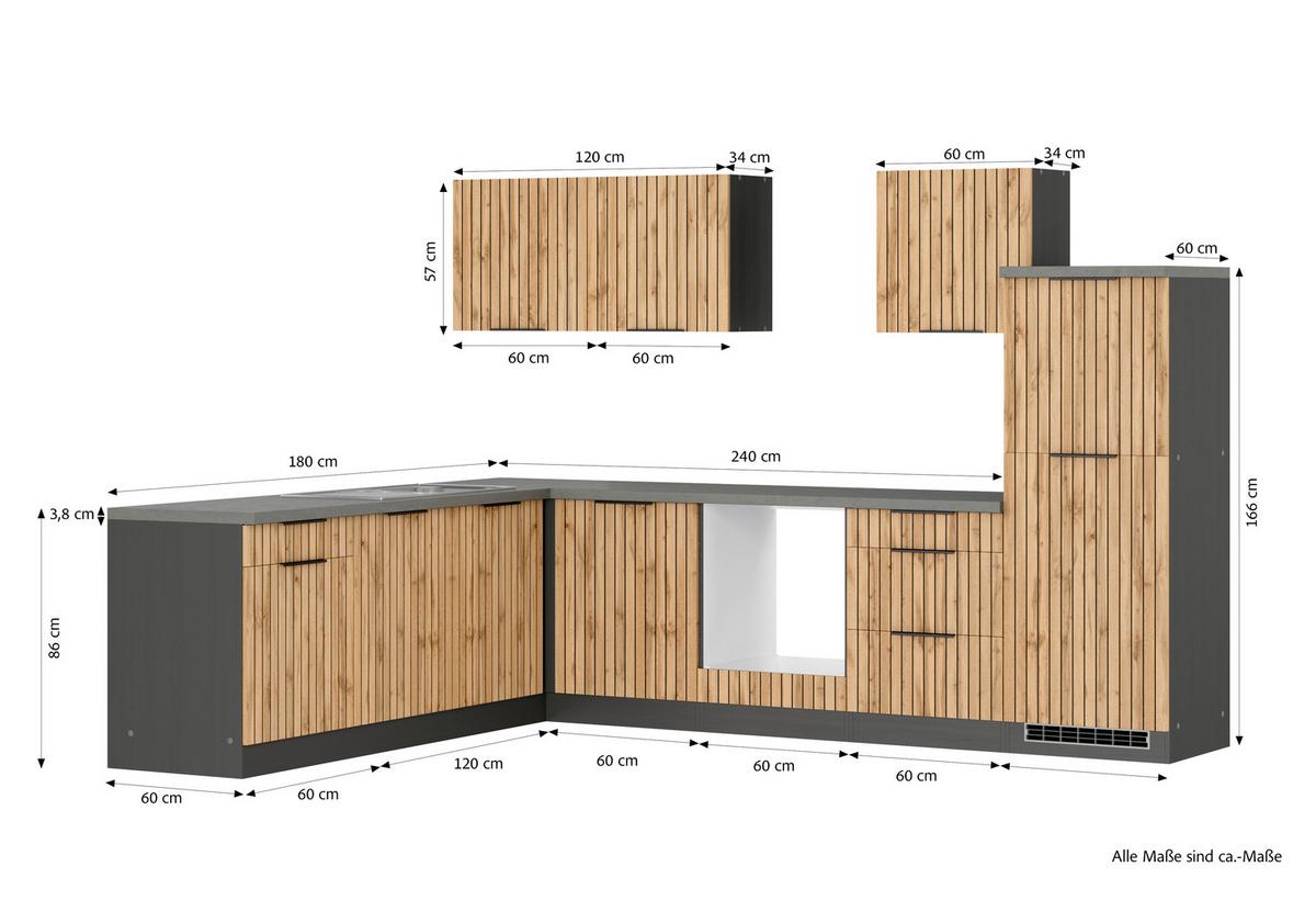 Eckküche Liverpool o. Geräte ca. 300x240cm Graphit/Eiche - Schieferfarben/Eiche Wotan, Basics, Holzwerkstoff/Metall (300/240cm) - Held