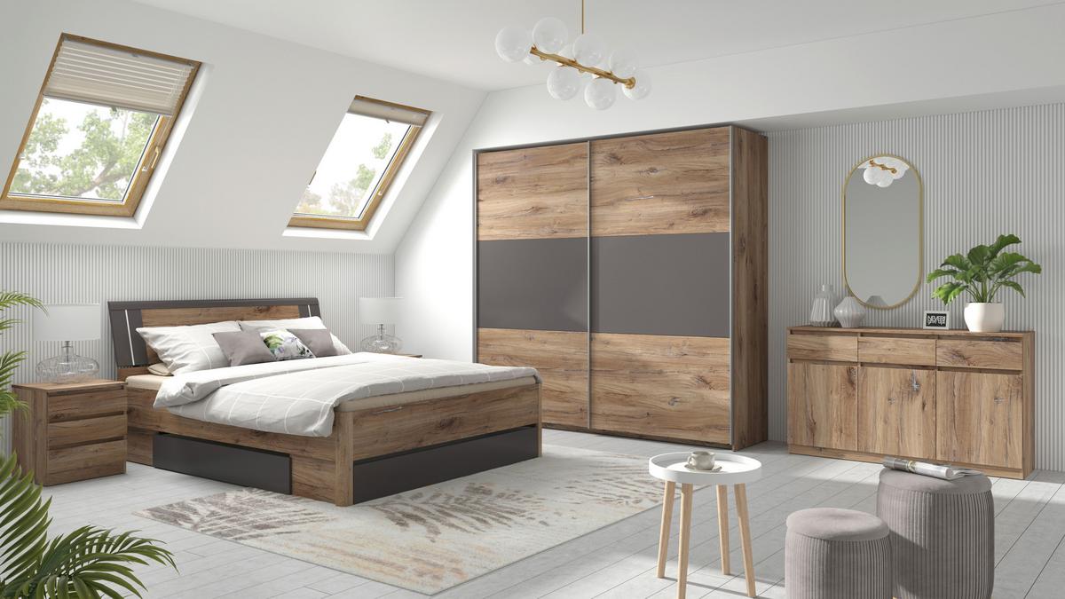 Schwebetürenschrank Saturn in Graphit/Eichefarben - Eichefarben/Silberfarben, KONVENTIONELL, Holzwerkstoff/Metall (218/210/59cm) - Mömax