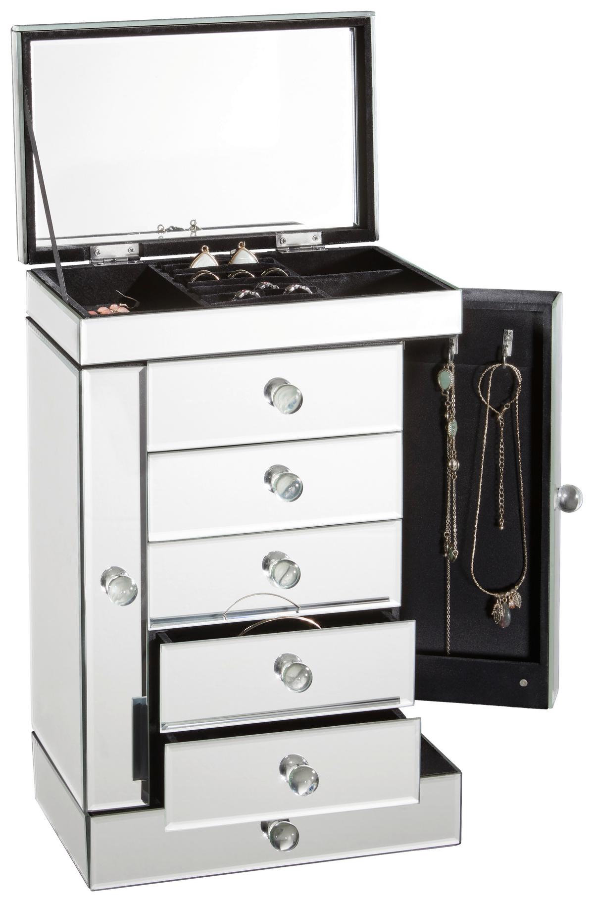 SZAFKA NA BIŻUTERIĘ PAMELA - kolor srebrny, Design, materiał drewnopochodny/szkło (26/41/18cm) - Xora