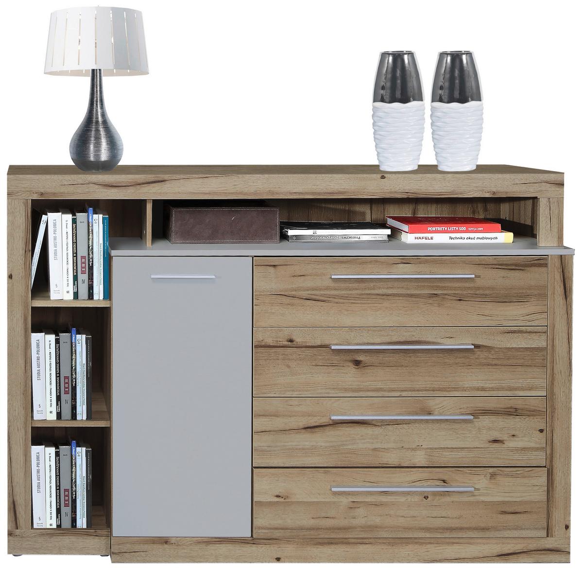 Široka Komoda Kasura, Barva Hrasta, Siva - siva/barve aluminija, Konvencionalno, umetna masa/leseni material (161/107/43cm) - Ti'me