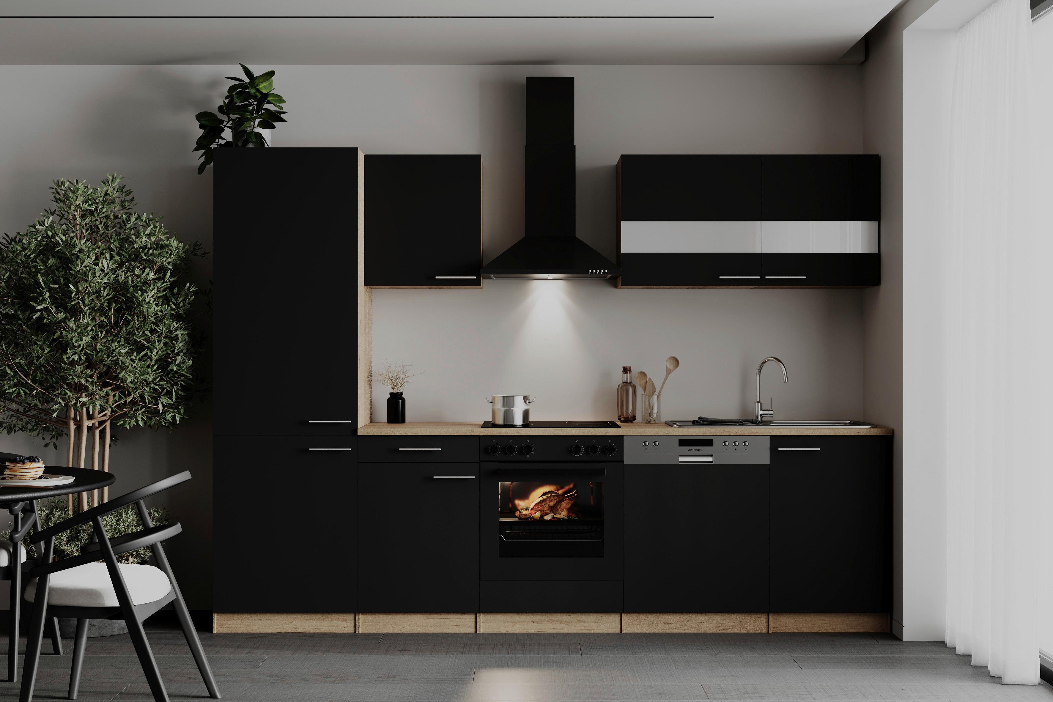 Küchenblock Merle m. Geräten Schwarz - Edelstahlfarben/Eichefarben, Basics, Holzwerkstoff/Metall (280cm) - Respekta