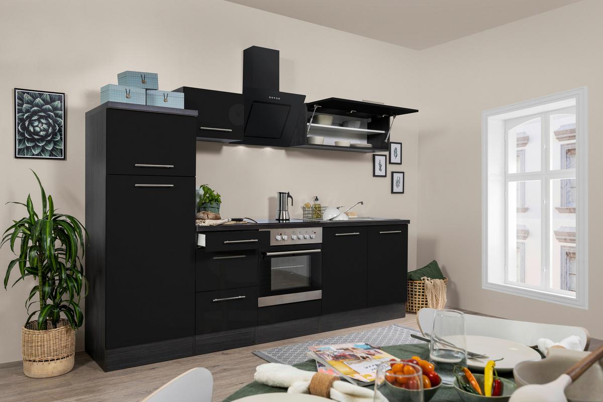 Küchenzeile mit Geräte Schwarz Hochglanz B: ca. 270 cm - Schwarz/Alufarben, KONVENTIONELL, Holzwerkstoff/Metall (270cm) - Respekta