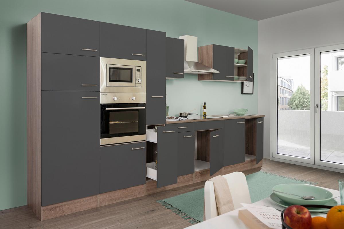 Küchenzeile Economy o. Geräte Grau/Eiche B: ca. 360 cm - Edelstahlfarben/Eichefarben, Basics, Holzwerkstoff/Metall (360cm) - Respekta