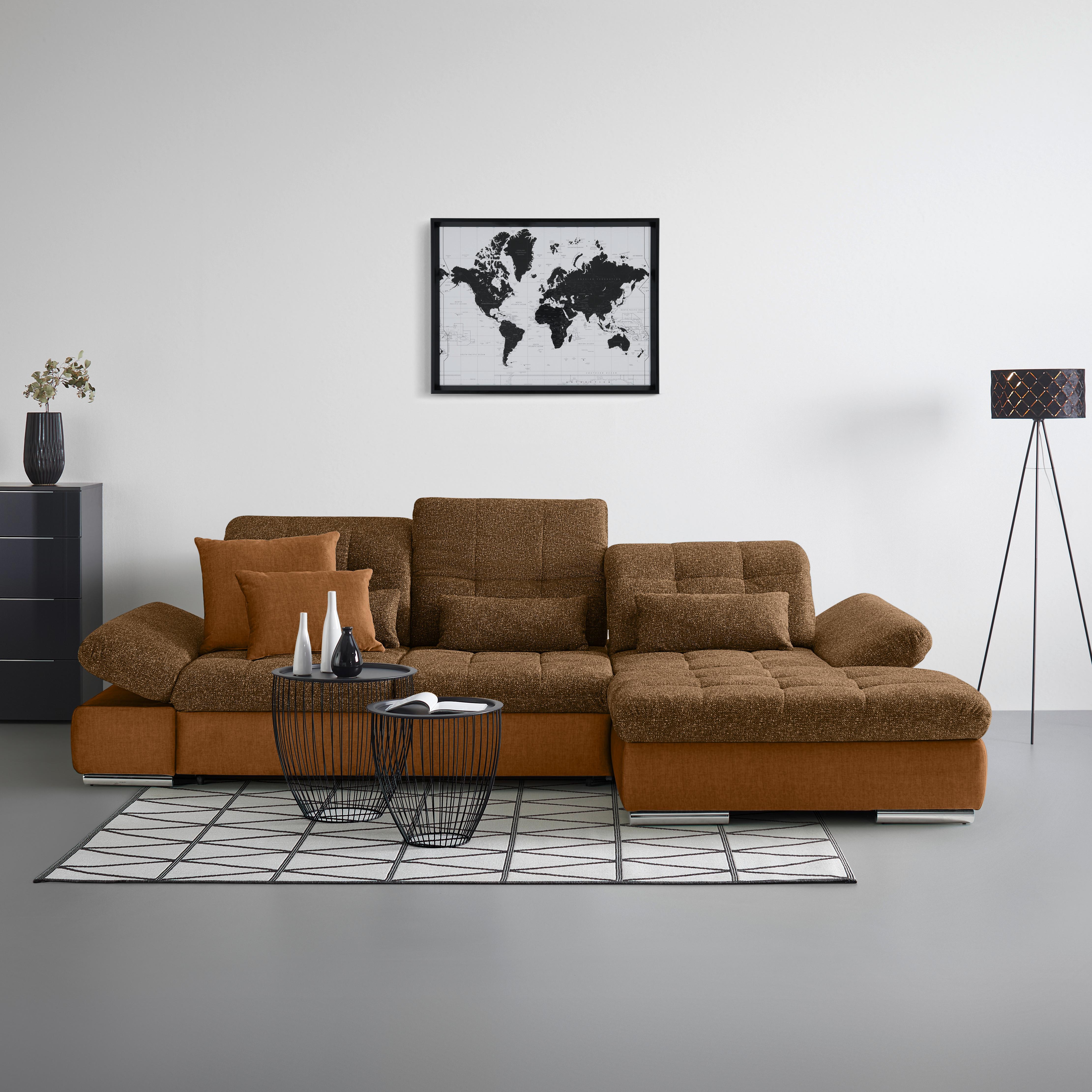 Wohnlandschaft Sanfino Cognac/Senfgelb - Chromfarben/Cognac, KONVENTIONELL, Holz/Textil (305/79-96/199cm) - Premium Living