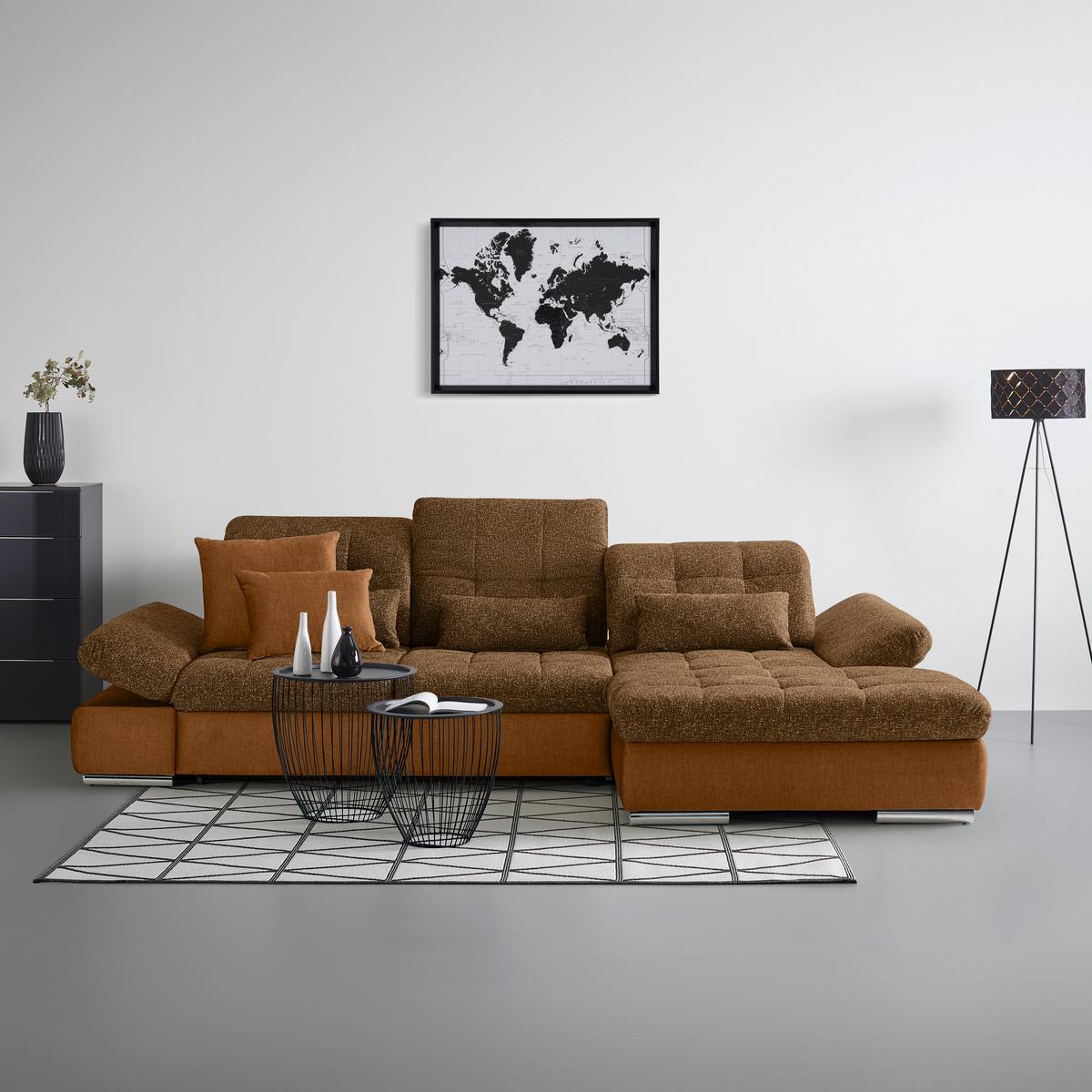 Wohnlandschaft Sanfino Cognac/Senfgelb - Chromfarben/Cognac, KONVENTIONELL, Holz/Textil (305/79-96/199cm) - Premium Living