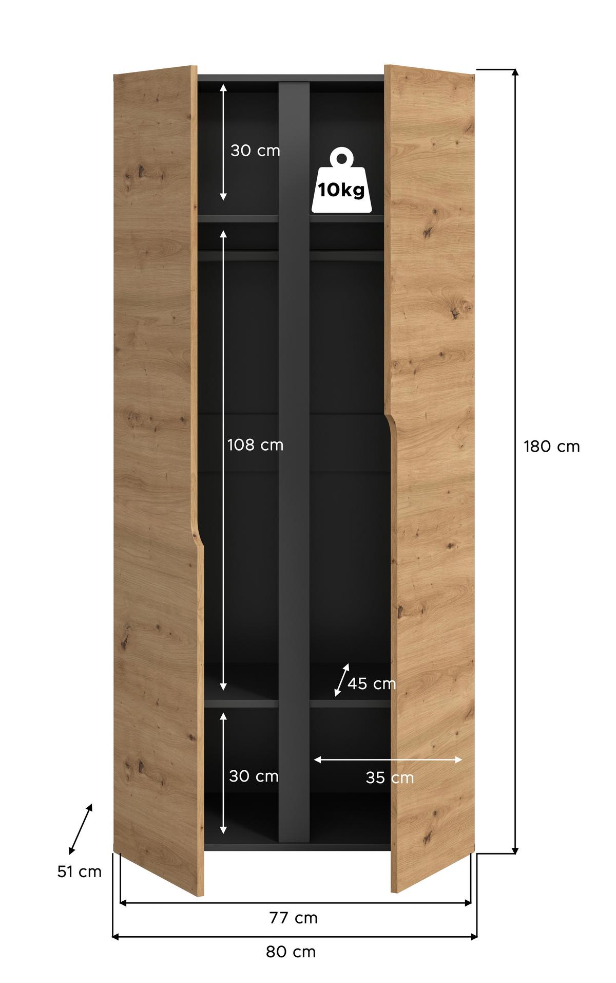 Drehtürenschrank ANGA Anthrazit, Eiche Artisan - Anthrazit/Eiche Artisan, MODERN, Holzwerkstoff (80/180/51cm) - MID.YOU