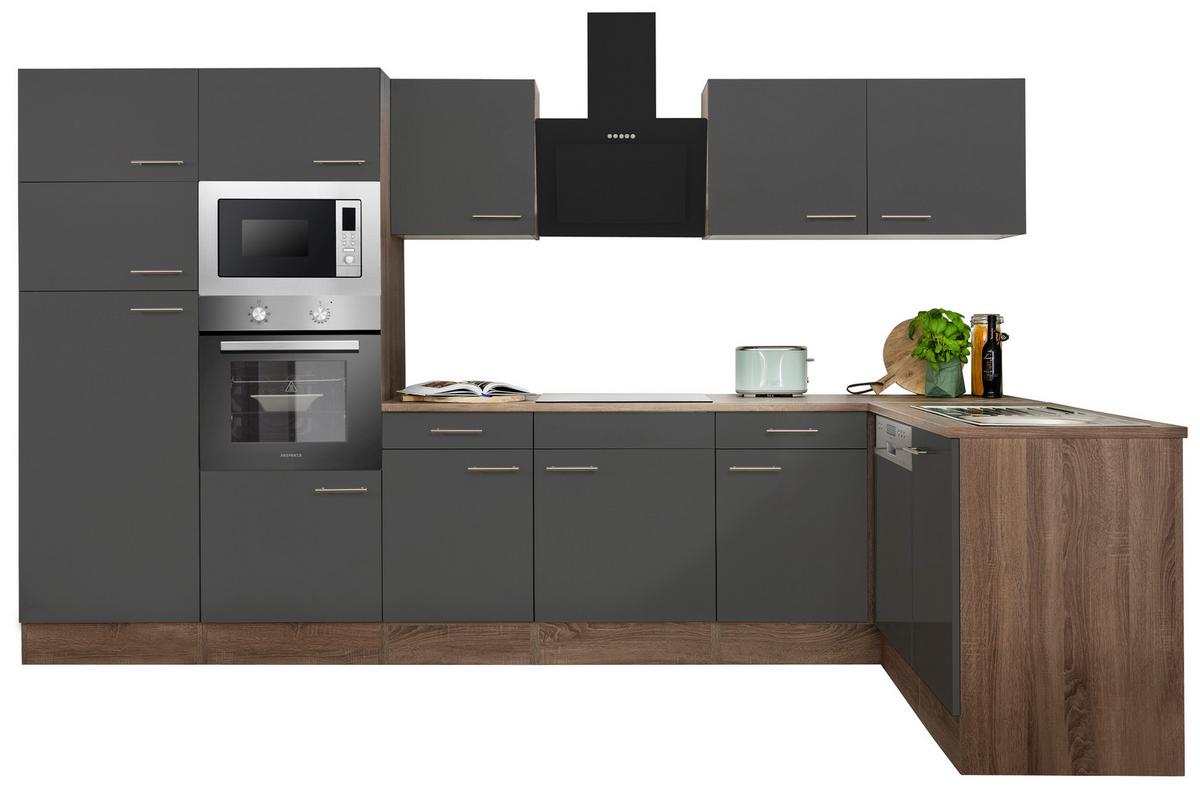 Eckküche Oliver mit Geräten ca. 340x172 cm Grau - Eichefarben/Grau, Basics, Holzwerkstoff/Metall (340/172cm) - Respekta