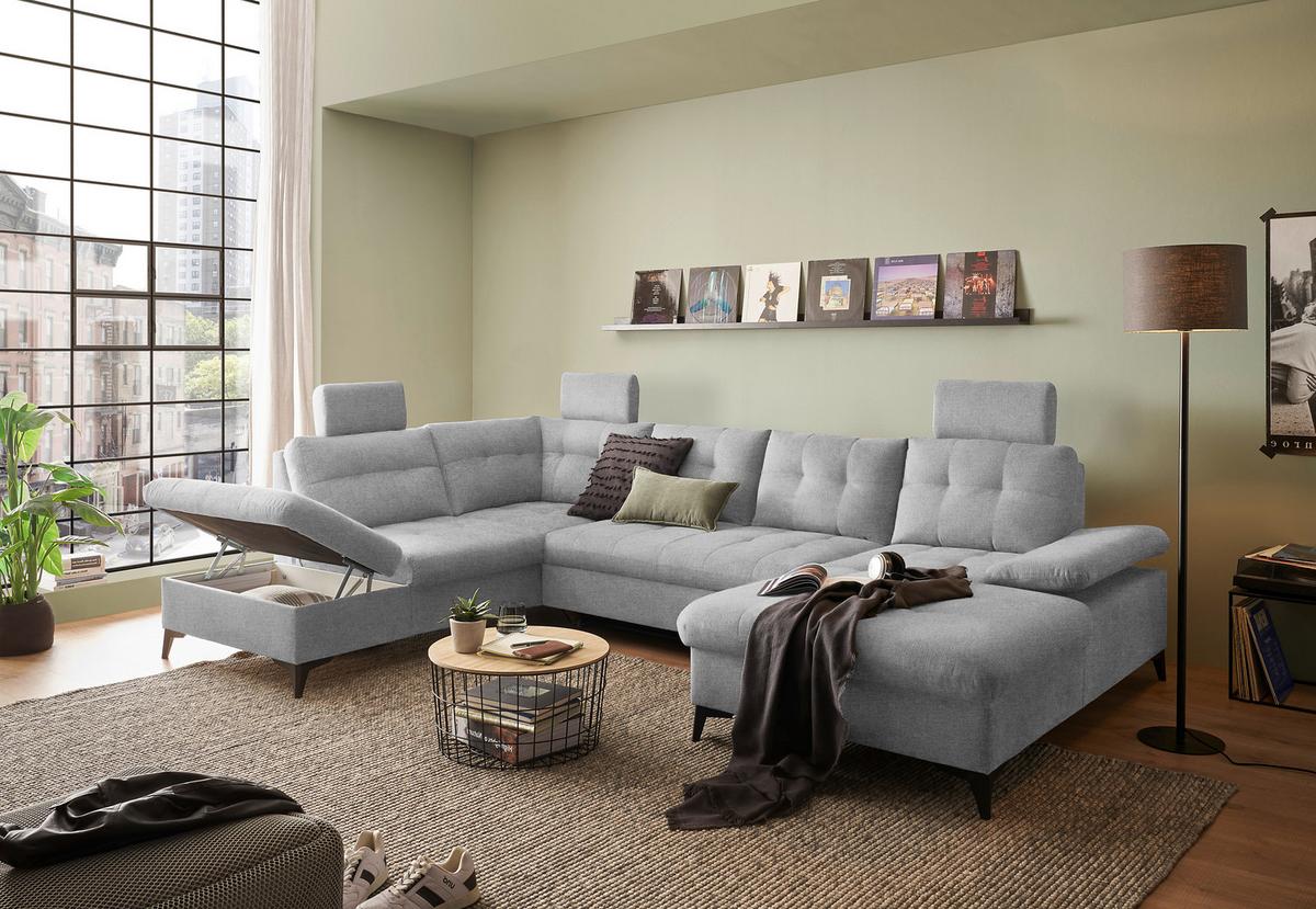 Wohnlandschaft Durban U ca. 218x324x170 cm Hellgrau - Hellgrau/Schwarz, KONVENTIONELL, Kunststoff/Textil (218/324/170cm) - MID.YOU