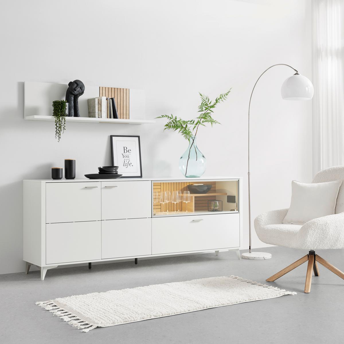 Sideboard Studio 11 in Weiss/Eichefarben - Chromfarben/Weiss, Modern, Glas/Holzwerkstoff (220/85/45cm) - Premium Living