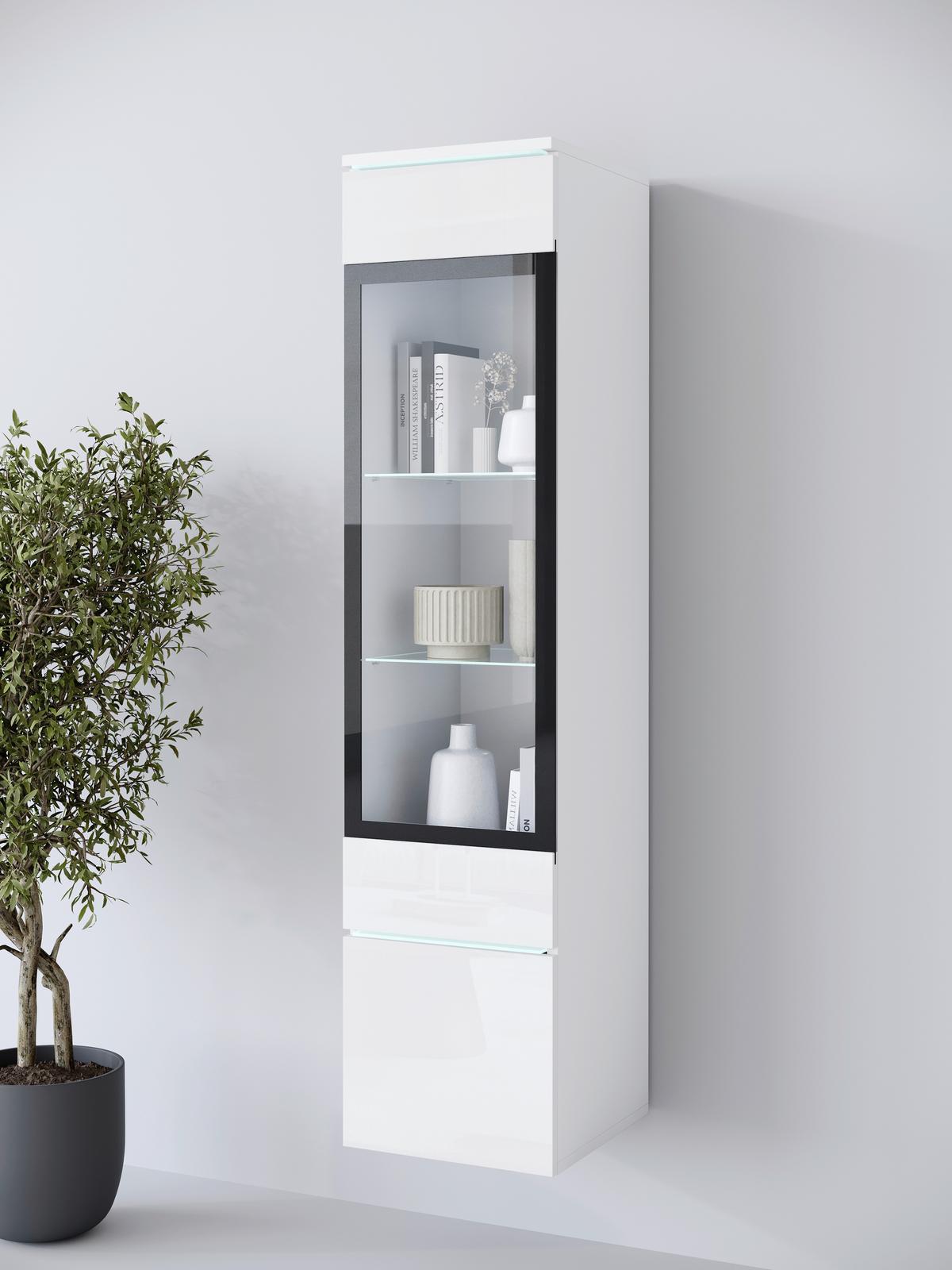 Vitrina Vera 002, Bela - siva/bela, Design, umetna masa/steklo (30/130/33cm) - Livetastic