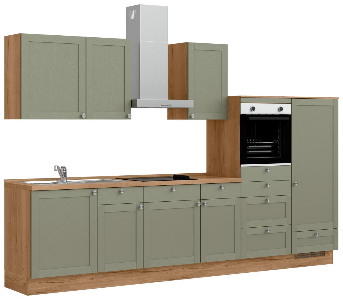 Küchenleerblock Frame Low o. Geräte Olivgrün - Edelstahlfarben/Eichefarben, MODERN, Holzwerkstoff/Metall (330cm) - Nobilia